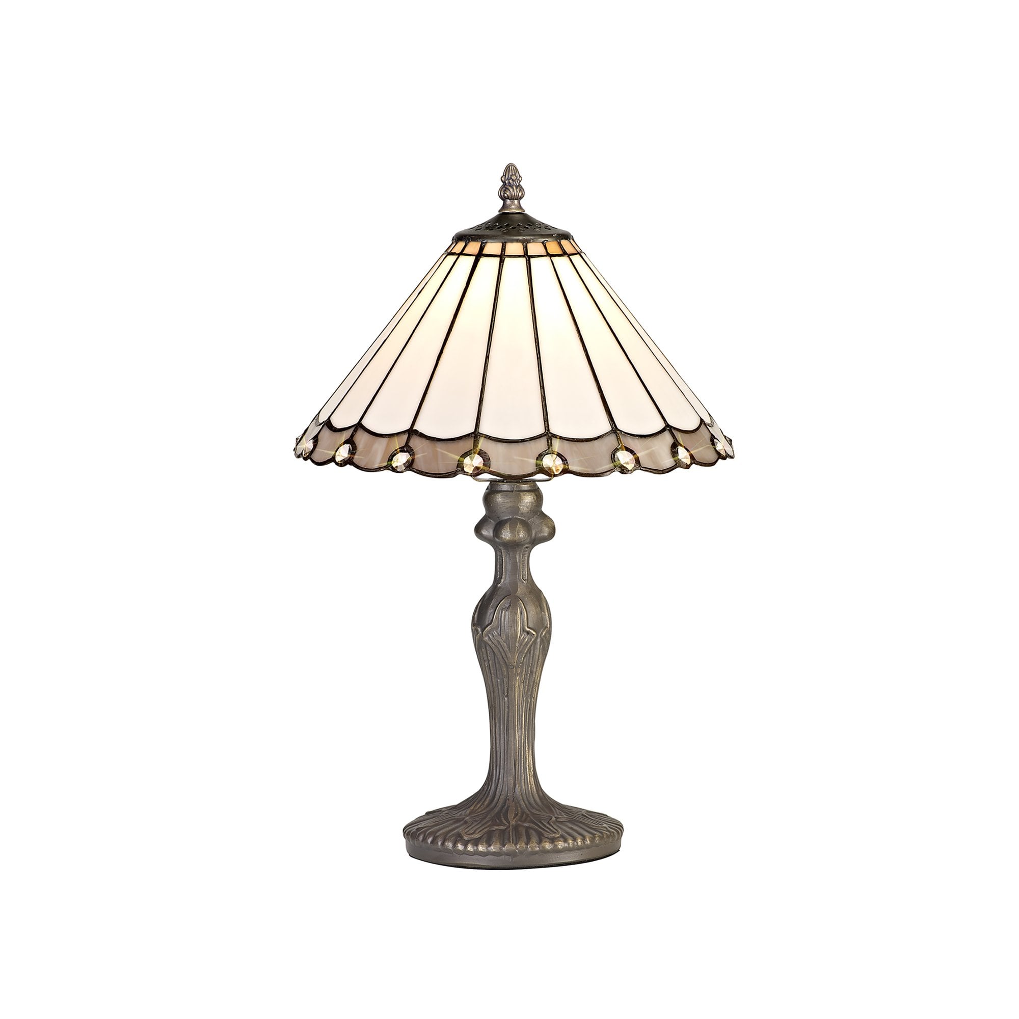 NLK03289 Umbrian 1 Light Curved Table Lamp With 30cm Tiffany Shade Grey/Chrome/Crystal/Aged Antique Brass