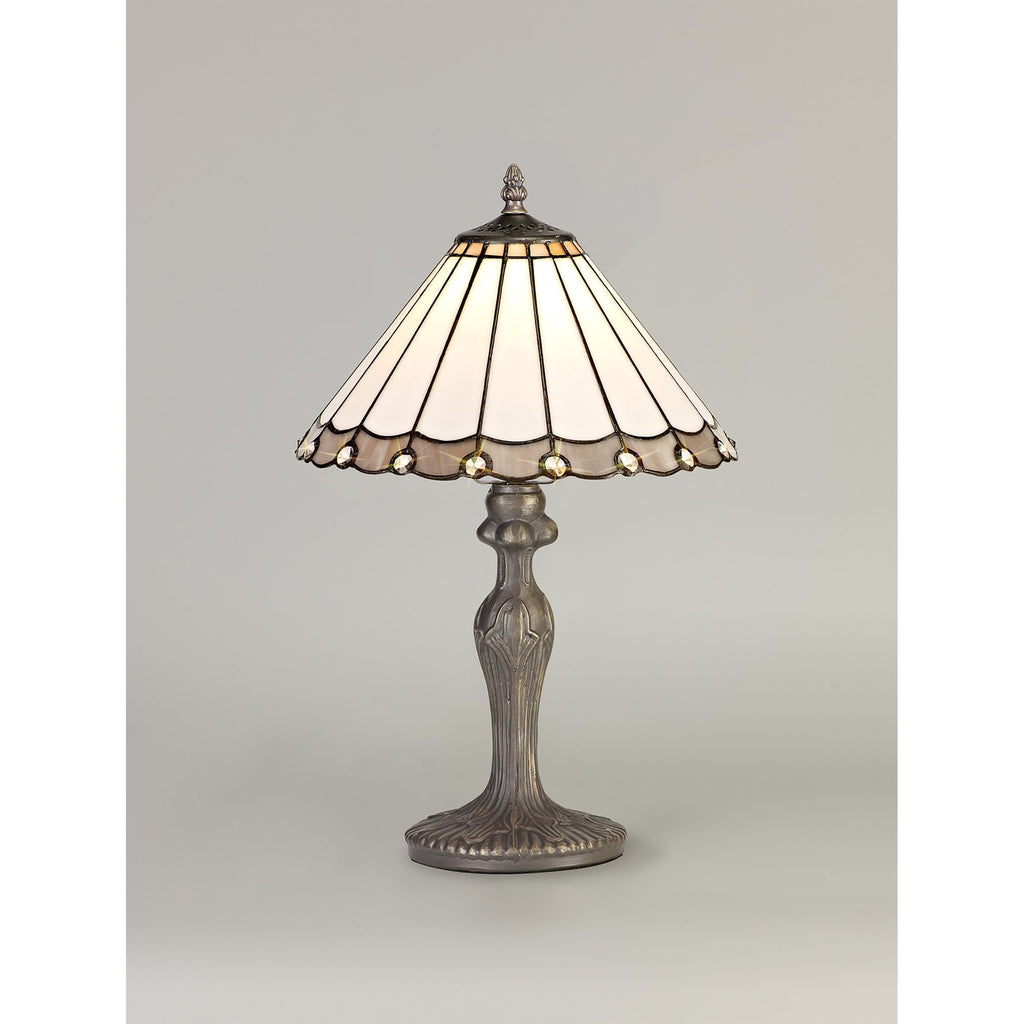 NLK03289 Umbrian 1 Light Curved Table Lamp With 30cm Tiffany Shade Grey/Chrome/Crystal/Aged Antique Brass