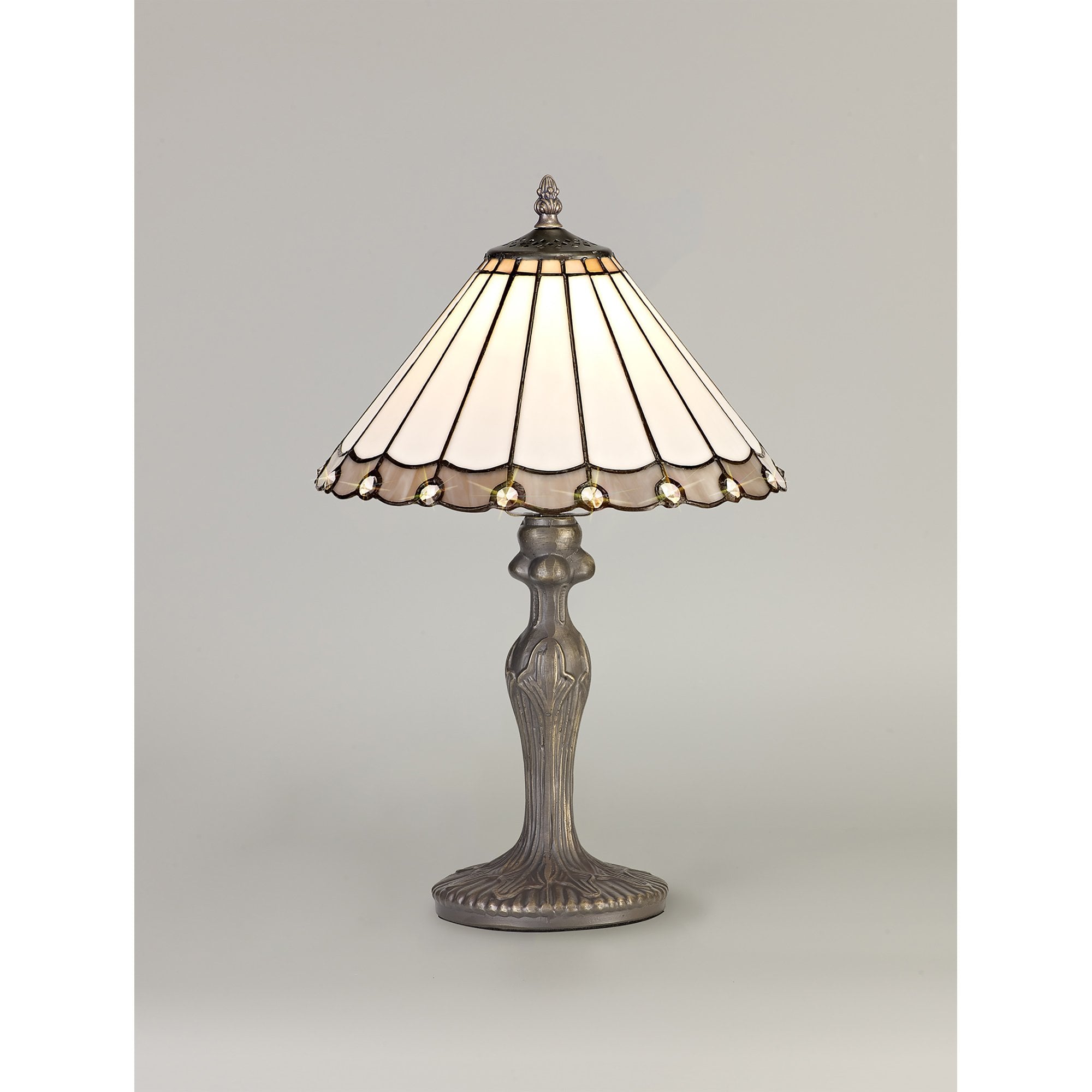 NLK03289 Umbrian 1 Light Curved Table Lamp With 30cm Tiffany Shade Grey/Chrome/Crystal/Aged Antique Brass