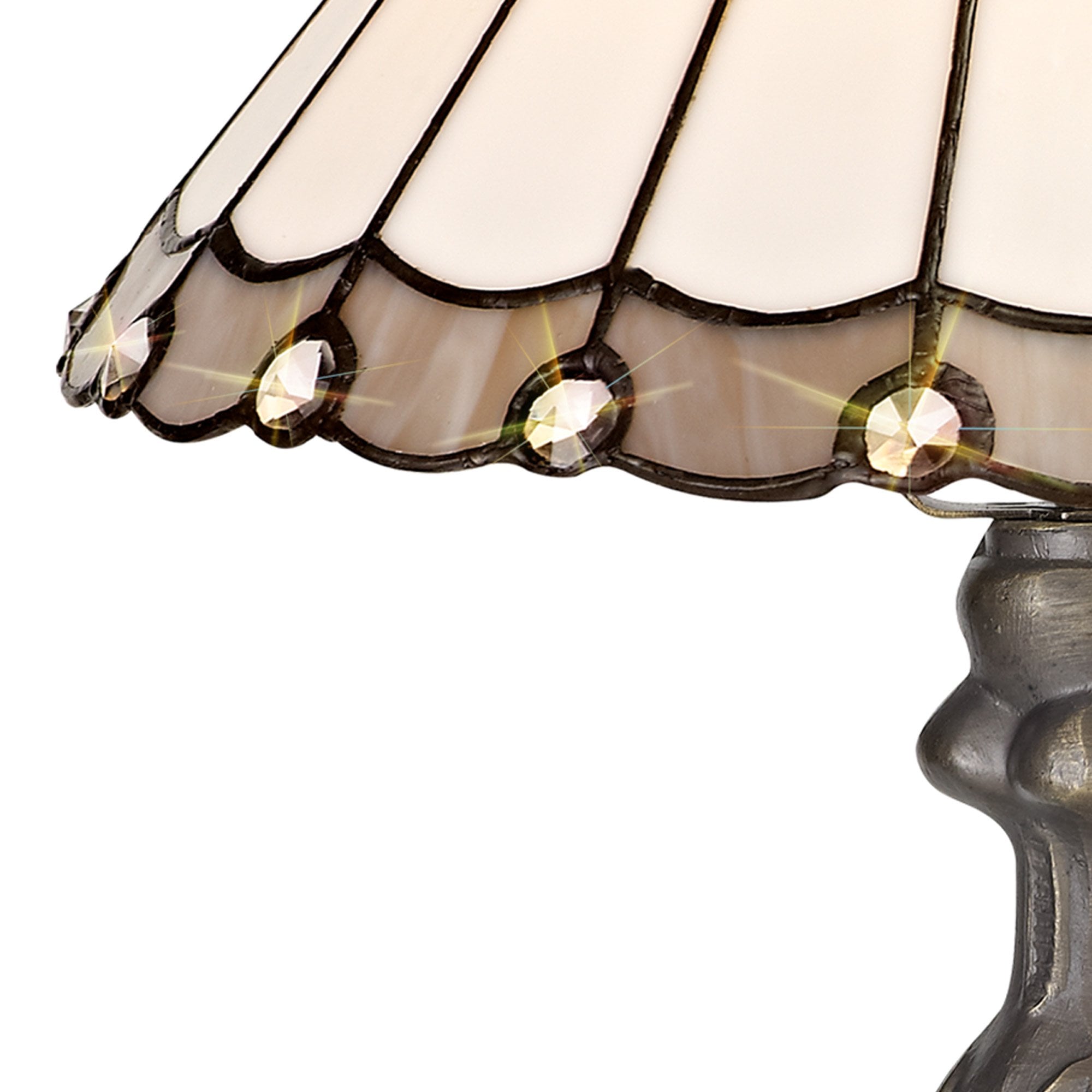 NLK03289 Umbrian 1 Light Curved Table Lamp With 30cm Tiffany Shade Grey/Chrome/Crystal/Aged Antique Brass
