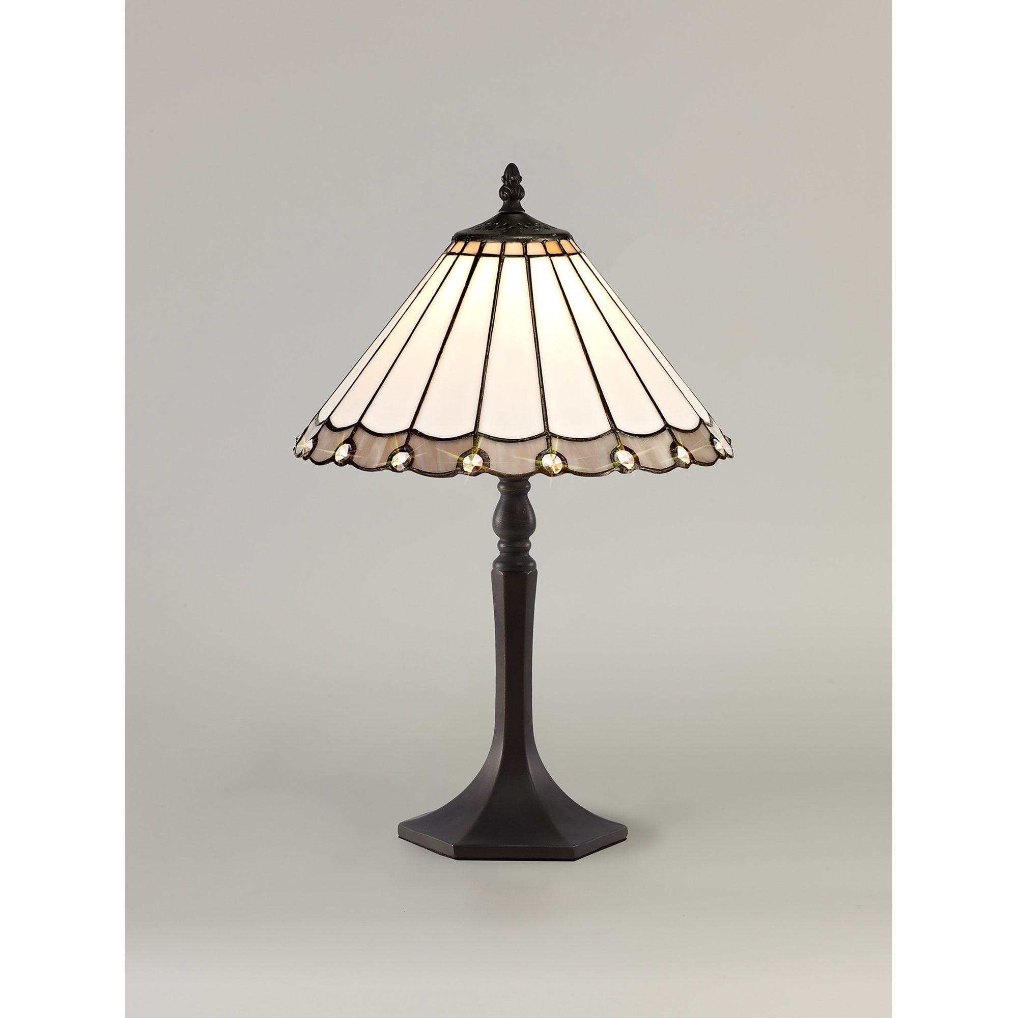 NLK03299 Umbrian 1 Light Octagonal Table Lamp With 30cm Tiffany Shade Grey/Chrome/Crystal/Aged Antique Brass