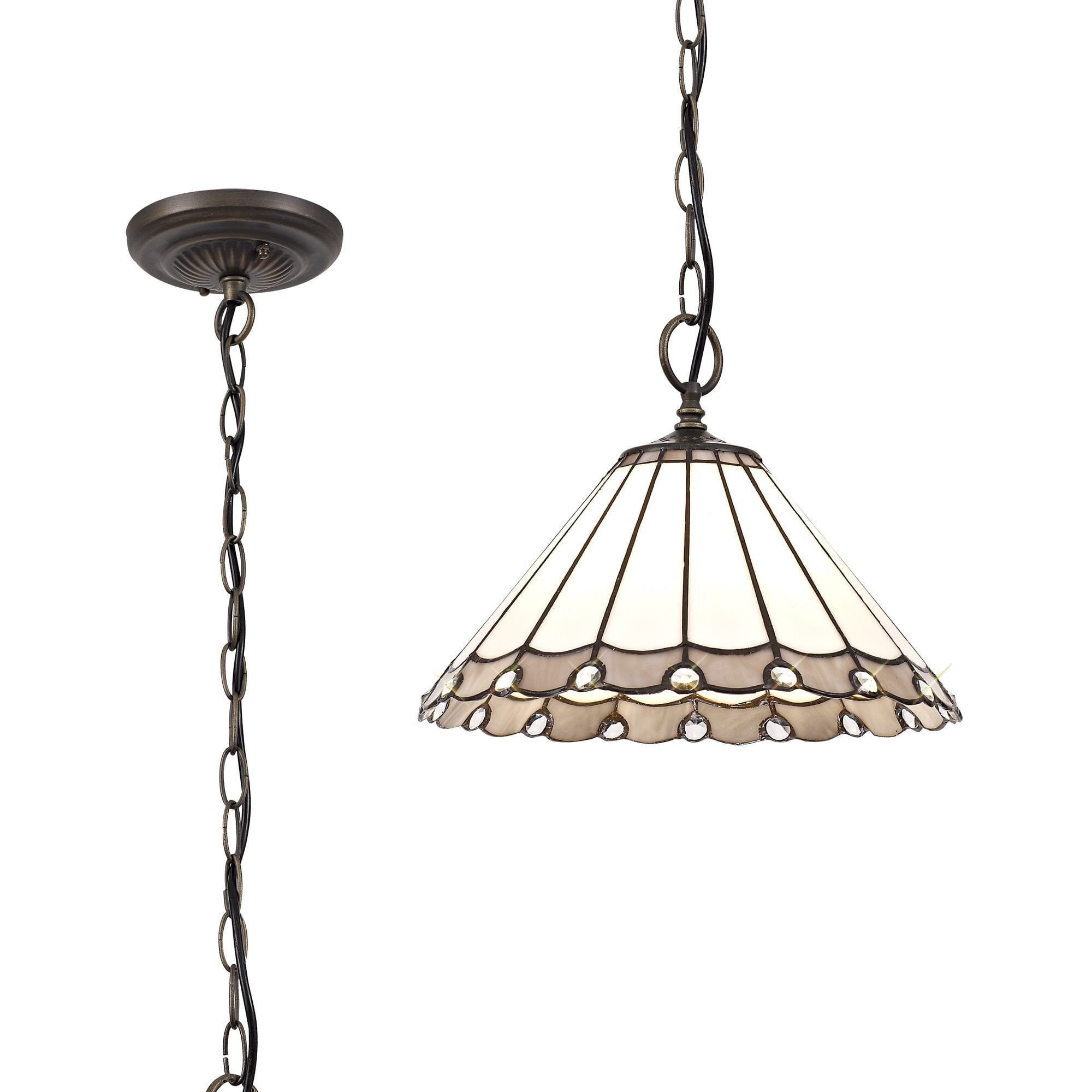 NLK03309 Umbrian 1 Light Down Lighter Pendant With 30cm Tiffany Shade Grey/Chrome/Crystal/Aged Antique Brass