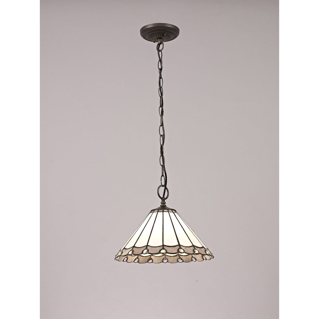 NLK03309 Umbrian 1 Light Down Lighter Pendant With 30cm Tiffany Shade Grey/Chrome/Crystal/Aged Antique Brass