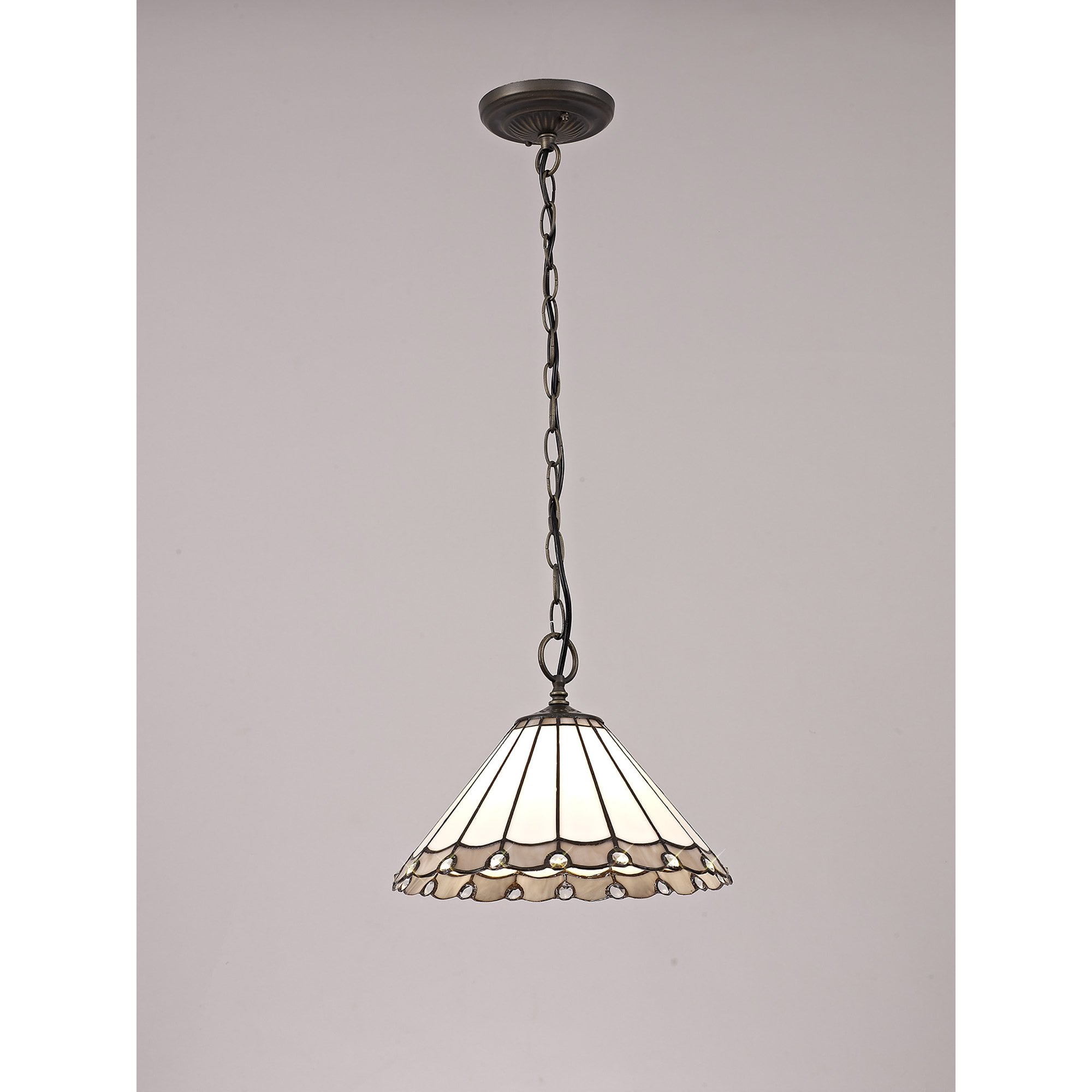 NLK03309 Umbrian 1 Light Down Lighter Pendant With 30cm Tiffany Shade Grey/Chrome/Crystal/Aged Antique Brass