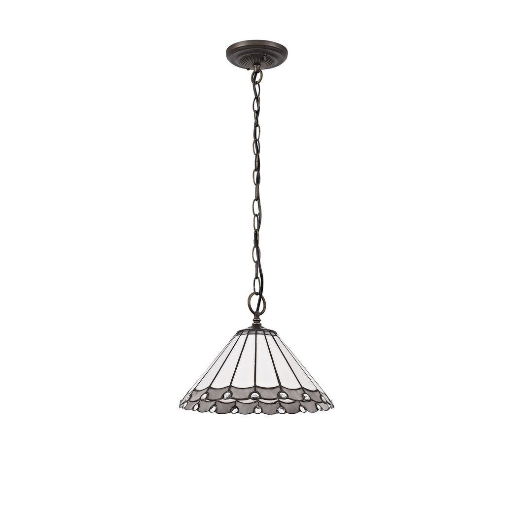 NLK03309 Umbrian 1 Light Down Lighter Pendant With 30cm Tiffany Shade Grey/Chrome/Crystal/Aged Antique Brass