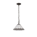 NLK03309 Umbrian 1 Light Down Lighter Pendant With 30cm Tiffany Shade Grey/Chrome/Crystal/Aged Antique Brass