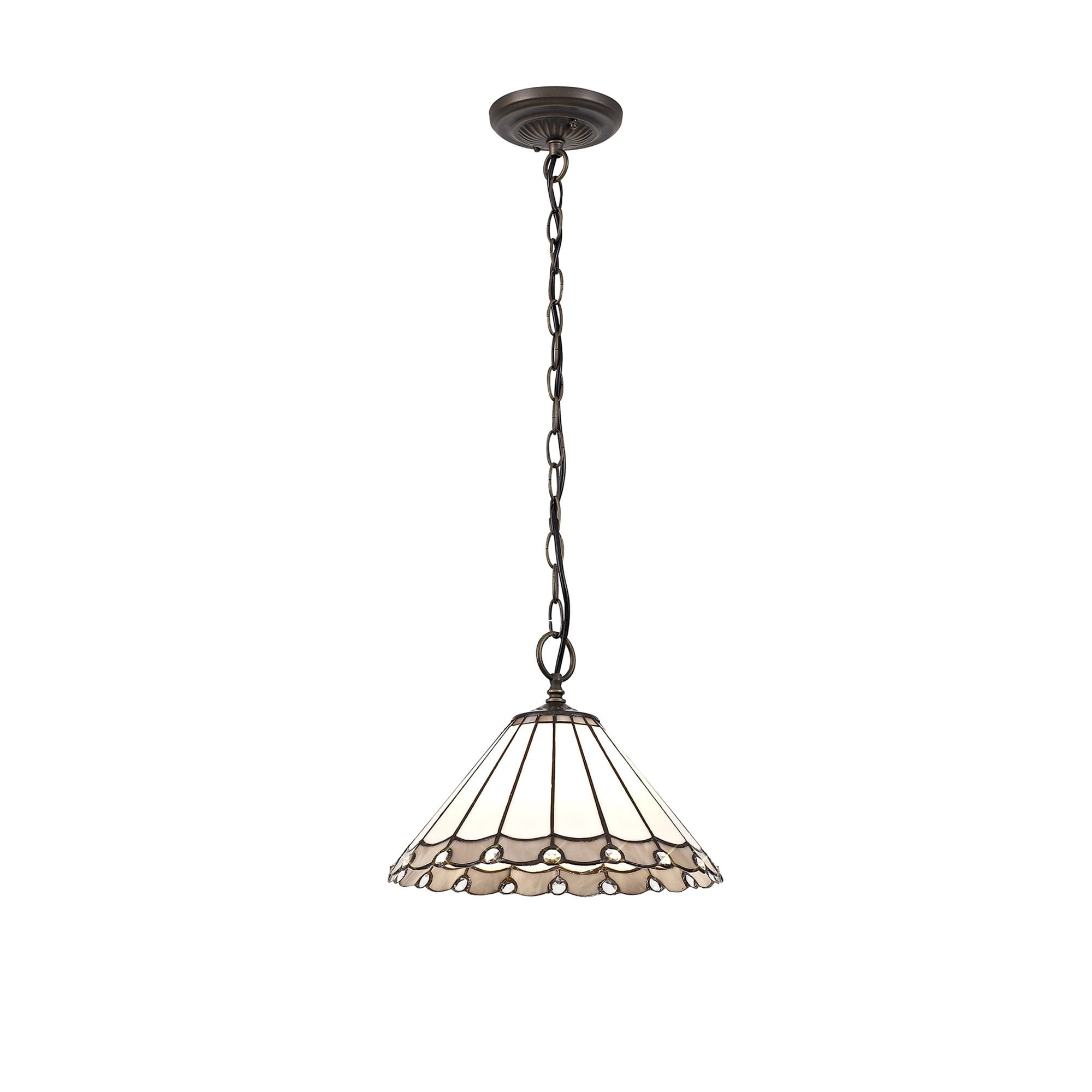 NLK03309 Umbrian 1 Light Down Lighter Pendant With 30cm Tiffany Shade Grey/Chrome/Crystal/Aged Antique Brass