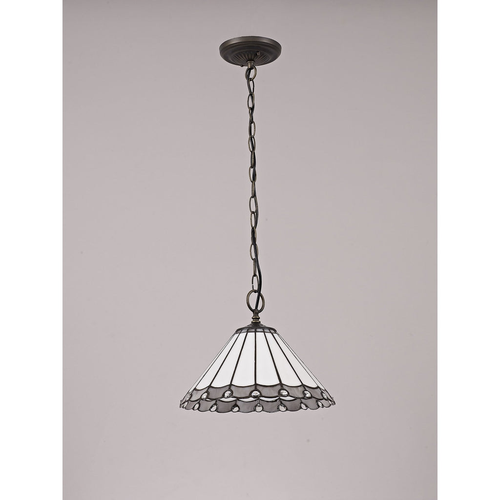 NLK03309 Umbrian 1 Light Down Lighter Pendant With 30cm Tiffany Shade Grey/Chrome/Crystal/Aged Antique Brass