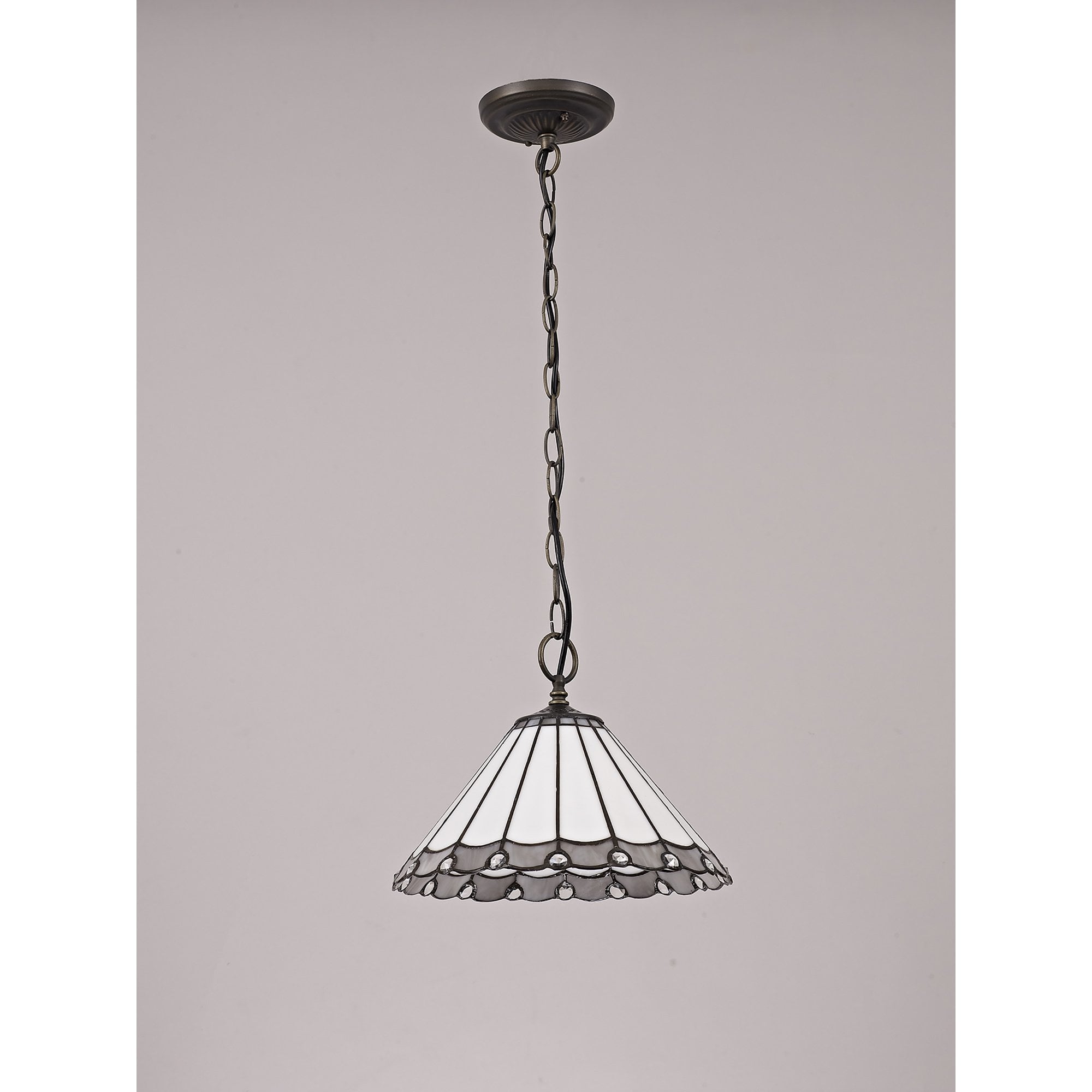 NLK03309 Umbrian 1 Light Down Lighter Pendant With 30cm Tiffany Shade Grey/Chrome/Crystal/Aged Antique Brass