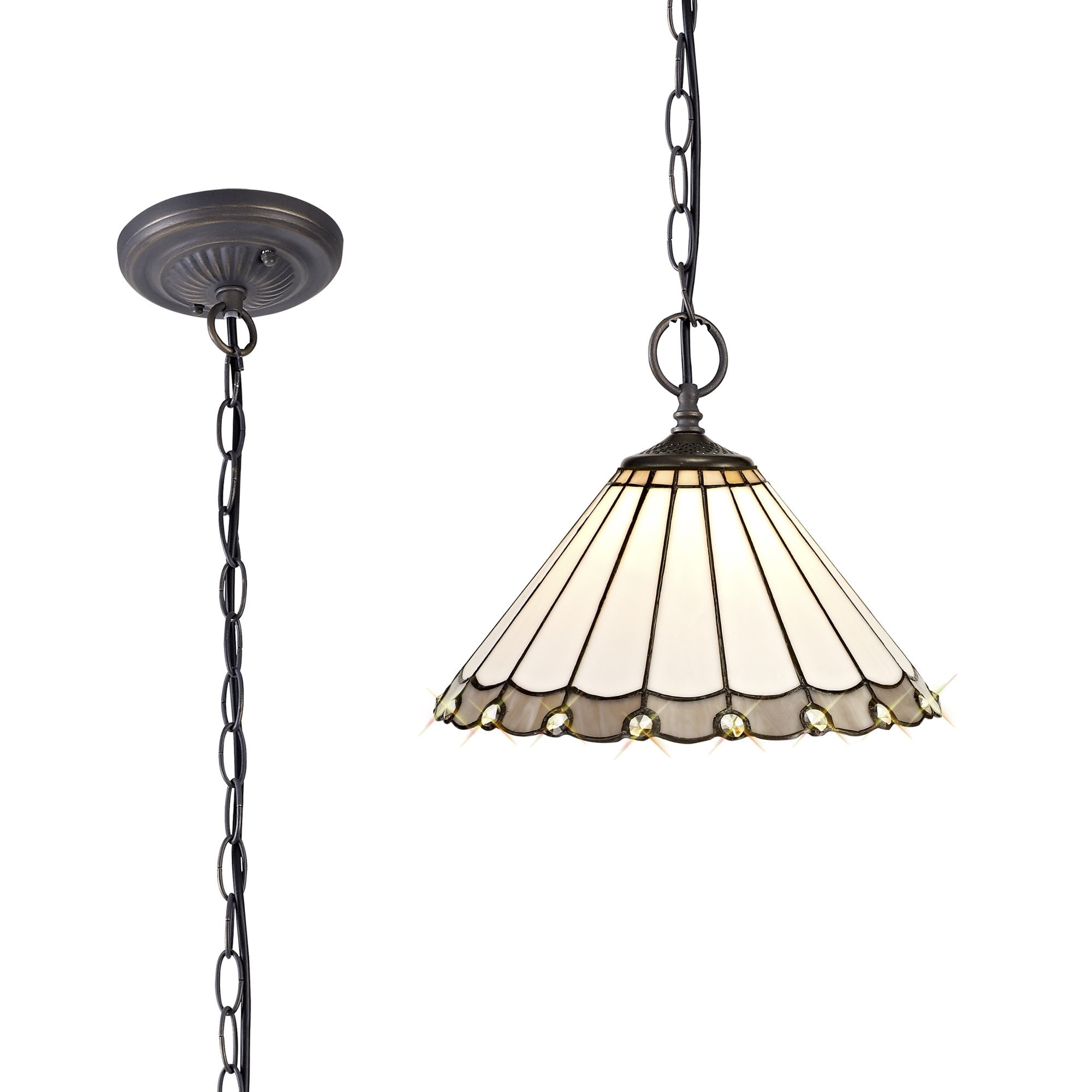 NLK03319 Umbrian 2 Light Down Lighter Pendant With 30cm Tiffany Shade Grey/Chrome/Crystal/Aged Antique Brass