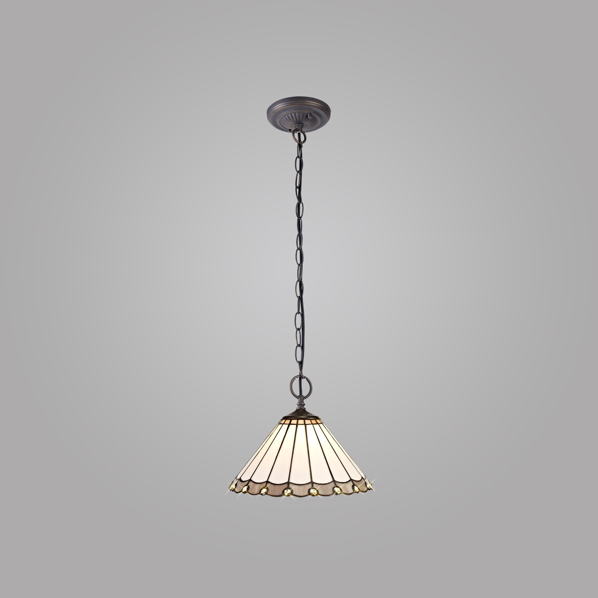 NLK03319 Umbrian 2 Light Down Lighter Pendant With 30cm Tiffany Shade Grey/Chrome/Crystal/Aged Antique Brass