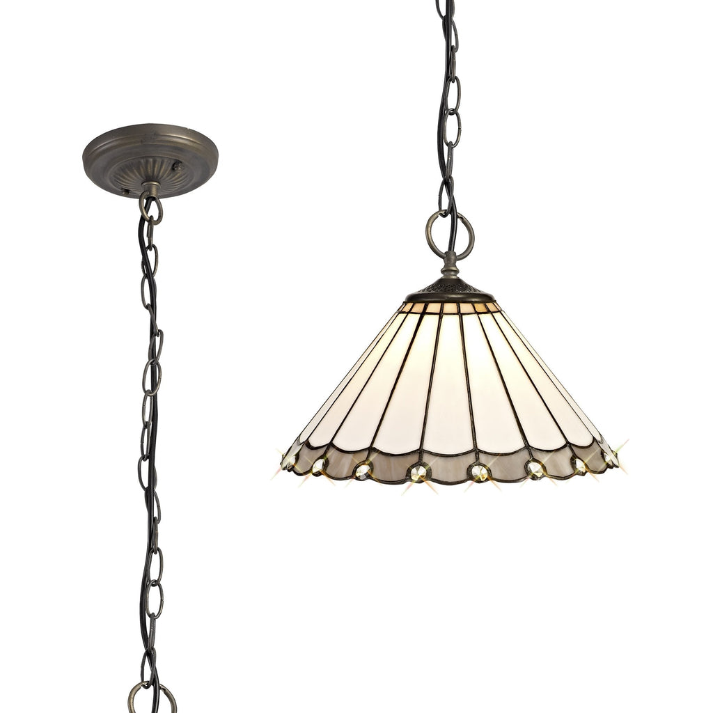 NLK03329 Umbrian 3 Light Down Lighter Pendant With 30cm Tiffany Shade Grey/Chrome/Crystal/Aged Antique Brass