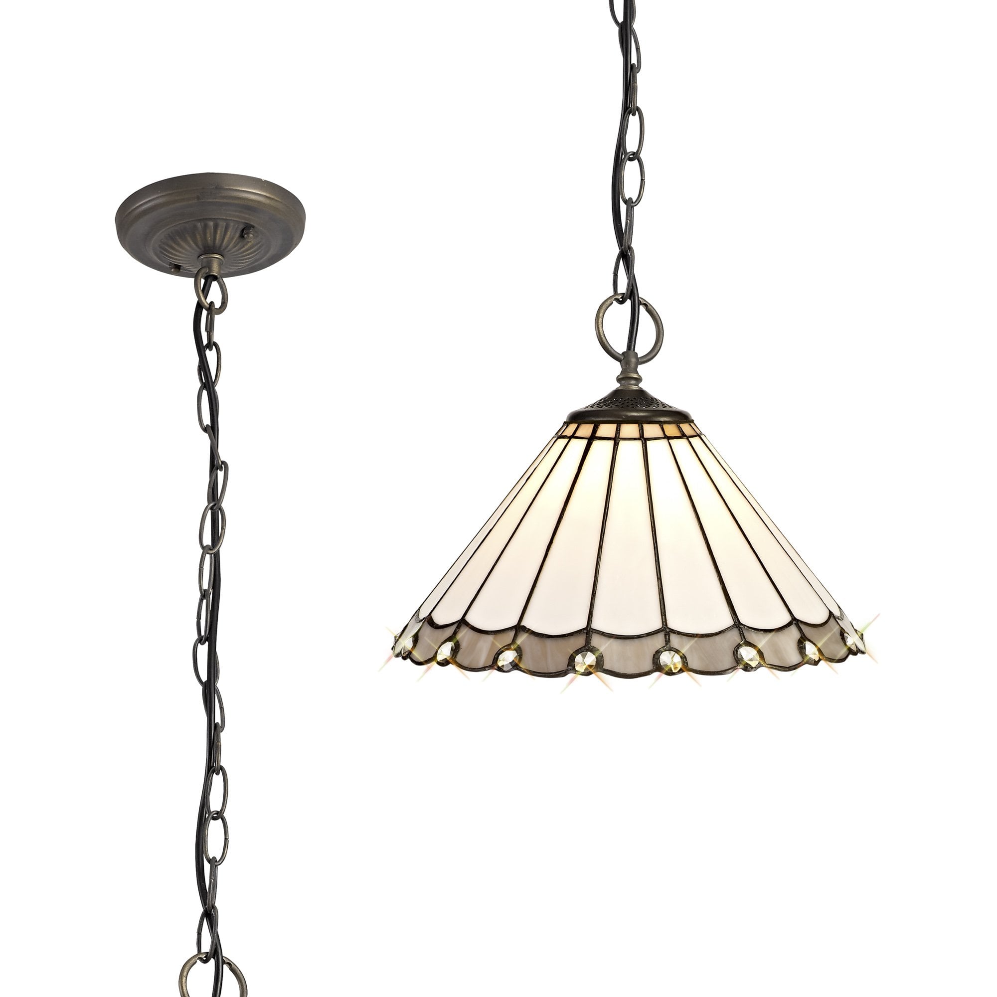 NLK03329 Umbrian 3 Light Down Lighter Pendant With 30cm Tiffany Shade Grey/Chrome/Crystal/Aged Antique Brass