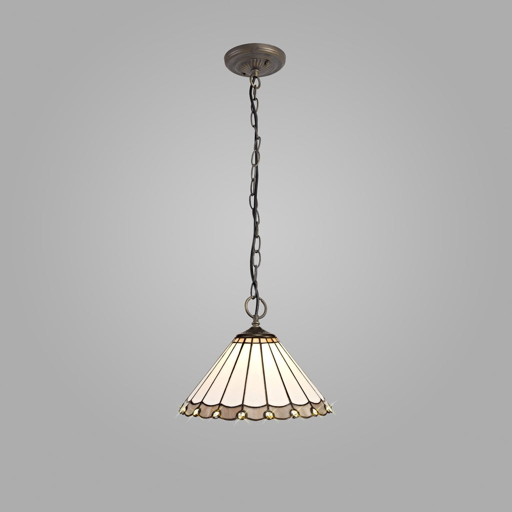 NLK03329 Umbrian 3 Light Down Lighter Pendant With 30cm Tiffany Shade Grey/Chrome/Crystal/Aged Antique Brass