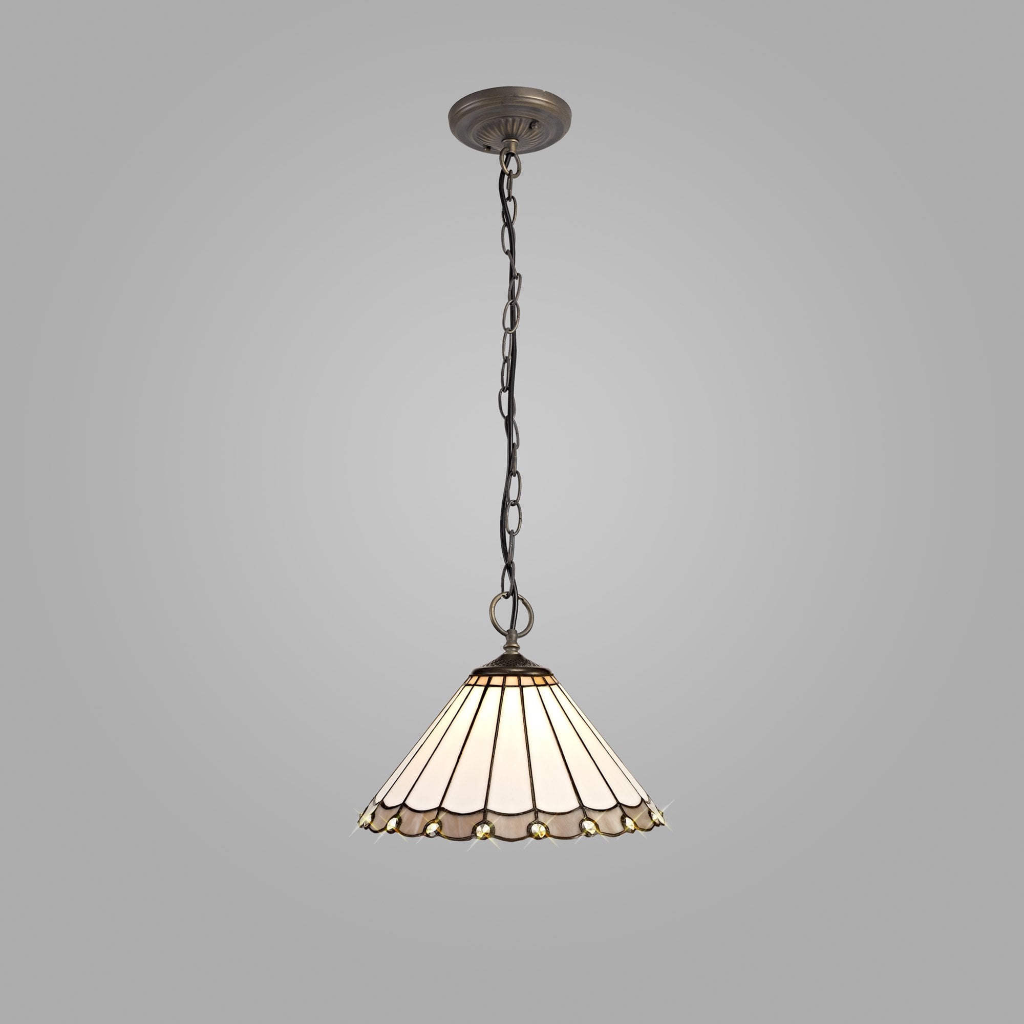 NLK03329 Umbrian 3 Light Down Lighter Pendant With 30cm Tiffany Shade Grey/Chrome/Crystal/Aged Antique Brass