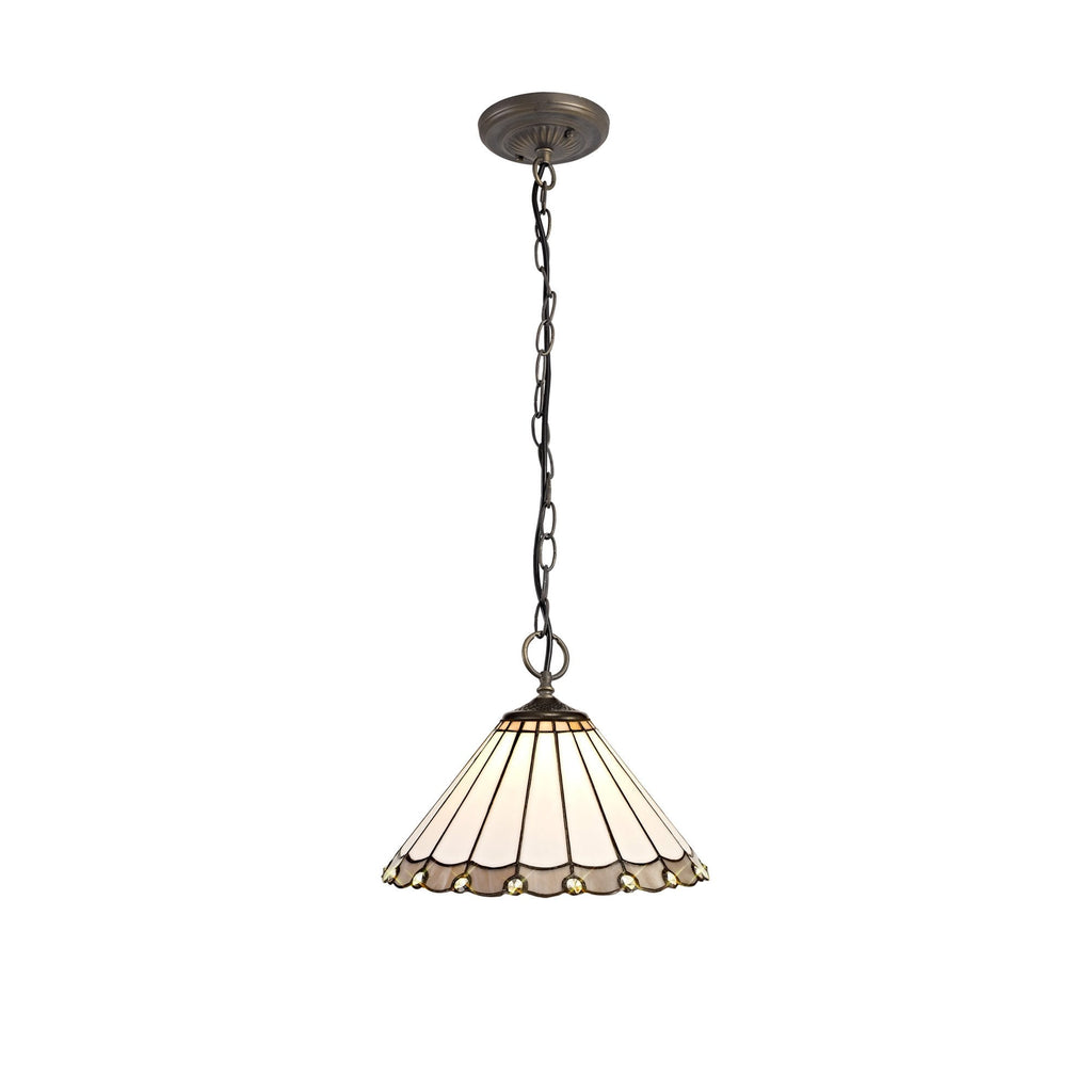 NLK03329 Umbrian 3 Light Down Lighter Pendant With 30cm Tiffany Shade Grey/Chrome/Crystal/Aged Antique Brass