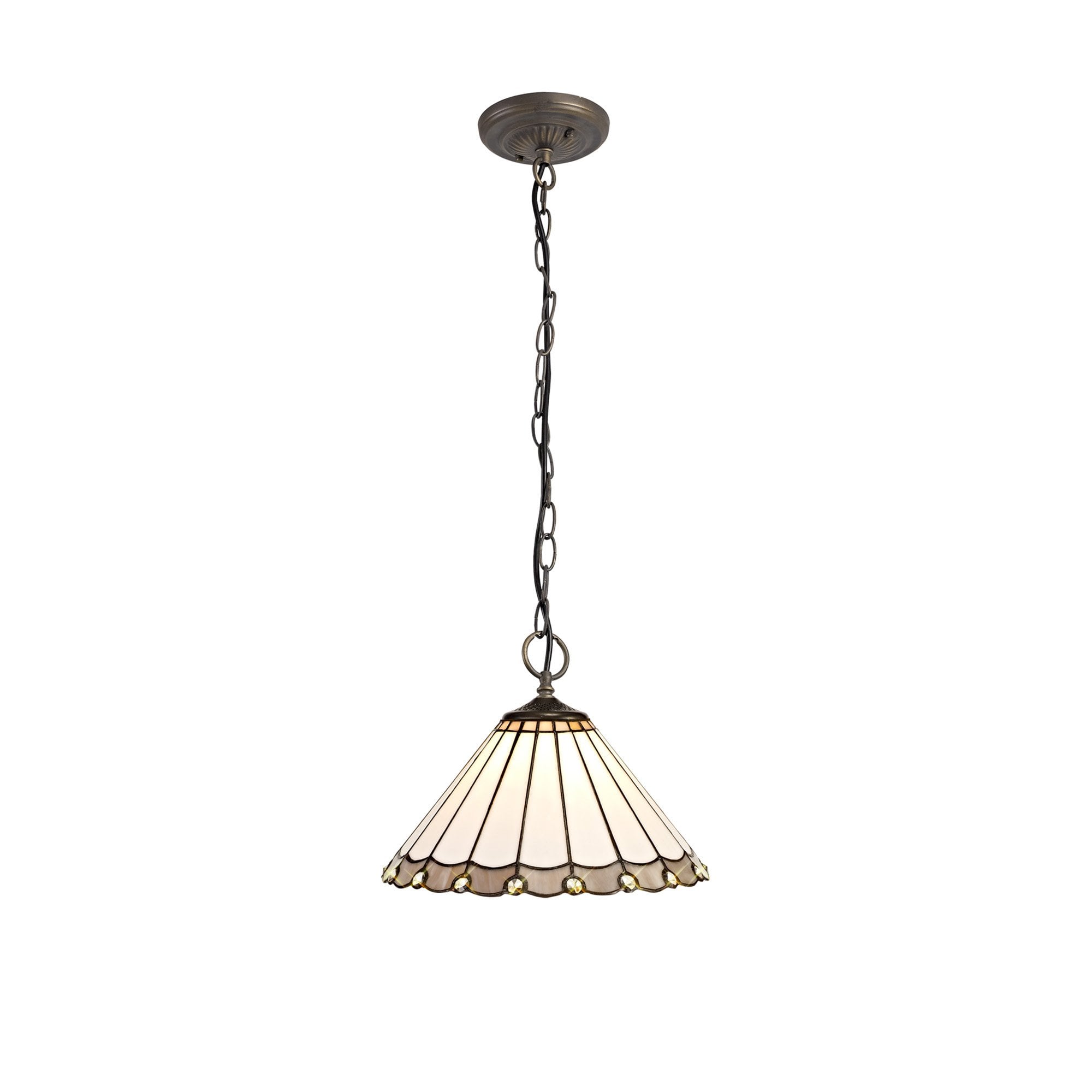 NLK03329 Umbrian 3 Light Down Lighter Pendant With 30cm Tiffany Shade Grey/Chrome/Crystal/Aged Antique Brass