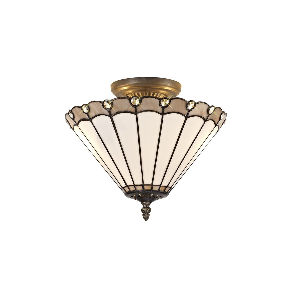 NLK03339 Umbrian 2 Light Semi Ceiling With 30cm Tiffany Shade Grey/Chrome/Crystal/Aged Antique Brass