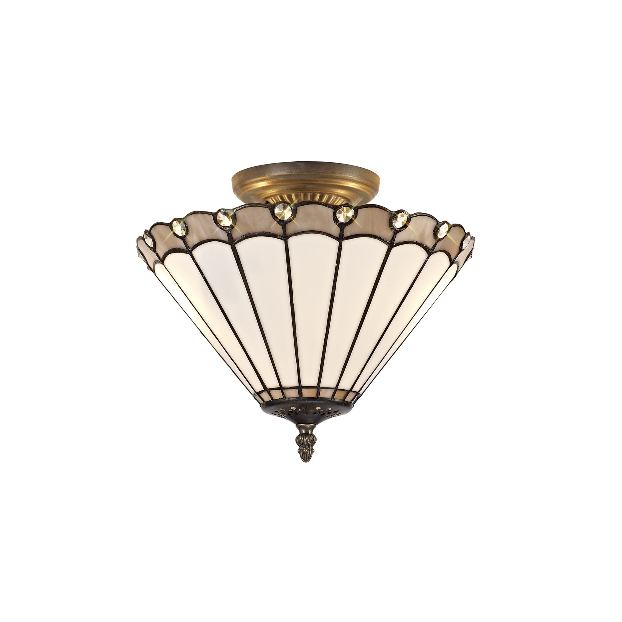 NLK03339 Umbrian 2 Light Semi Ceiling With 30cm Tiffany Shade Grey/Chrome/Crystal/Aged Antique Brass