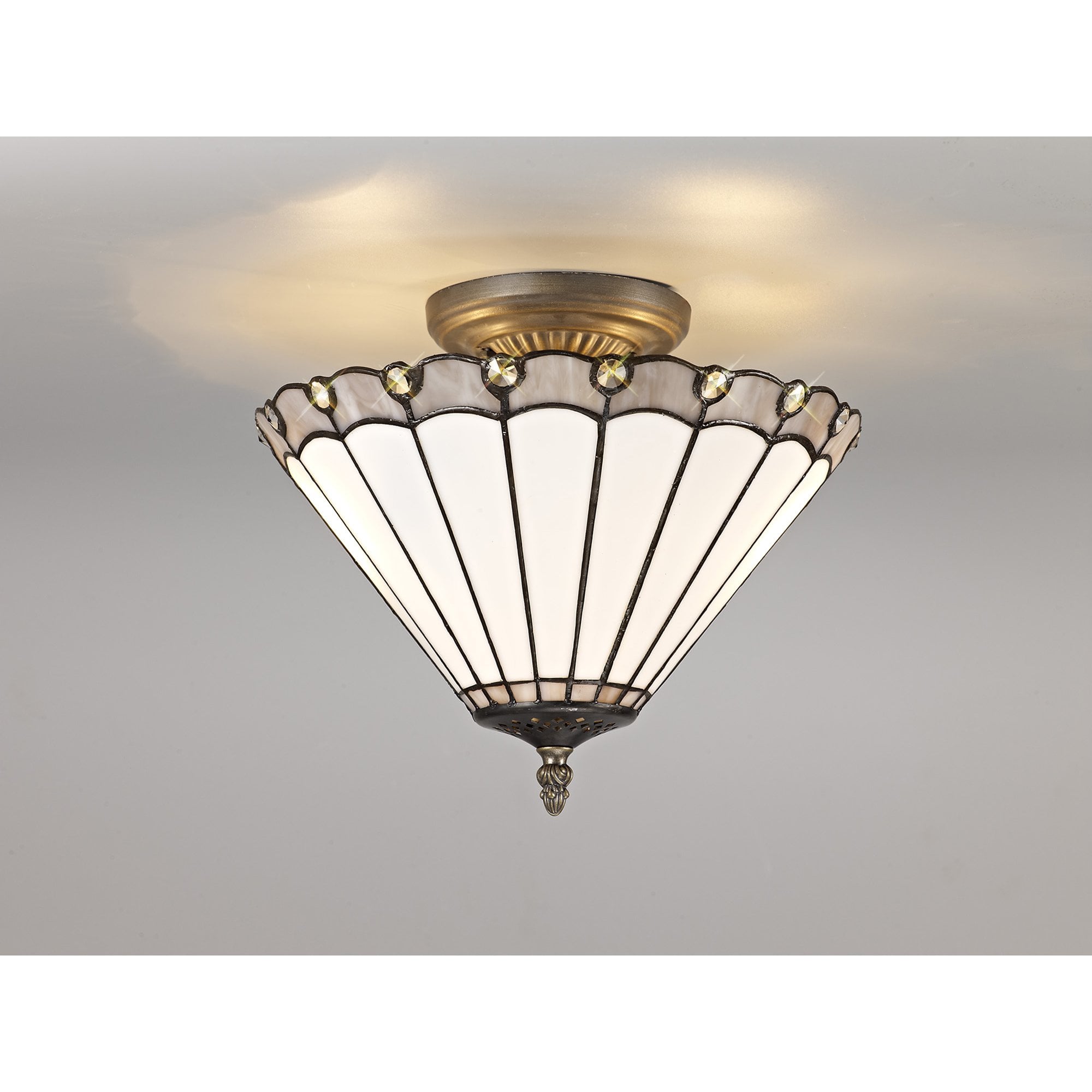 NLK03339 Umbrian 2 Light Semi Ceiling With 30cm Tiffany Shade Grey/Chrome/Crystal/Aged Antique Brass