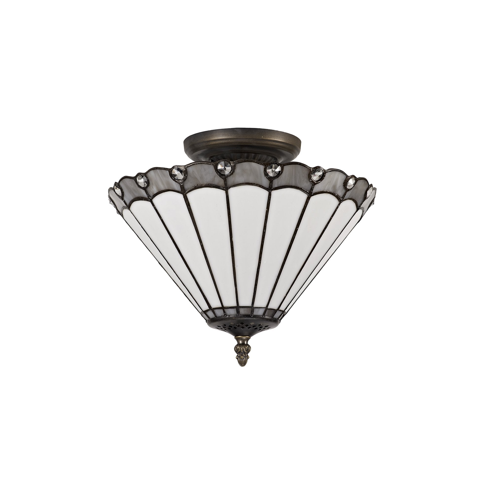 NLK03339 Umbrian 2 Light Semi Ceiling With 30cm Tiffany Shade Grey/Chrome/Crystal/Aged Antique Brass