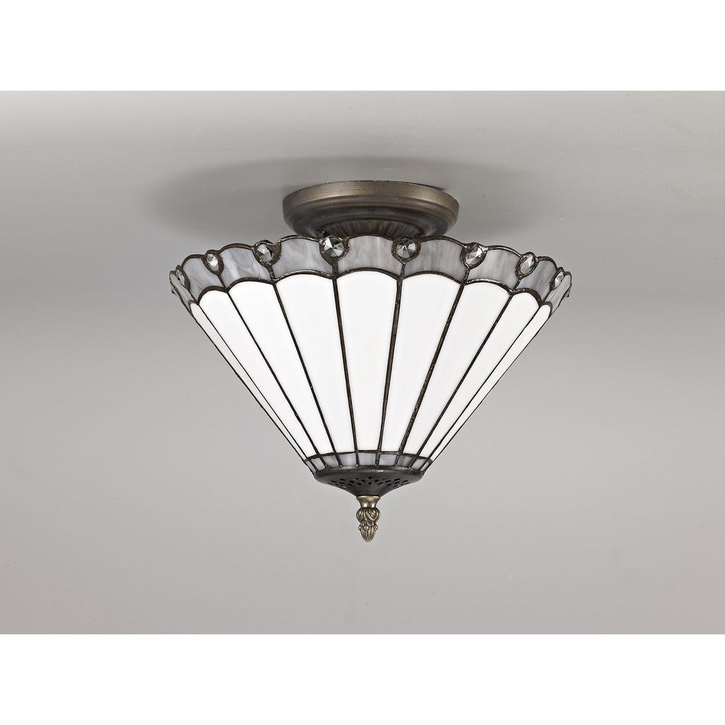 NLK03339 Umbrian 2 Light Semi Ceiling With 30cm Tiffany Shade Grey/Chrome/Crystal/Aged Antique Brass