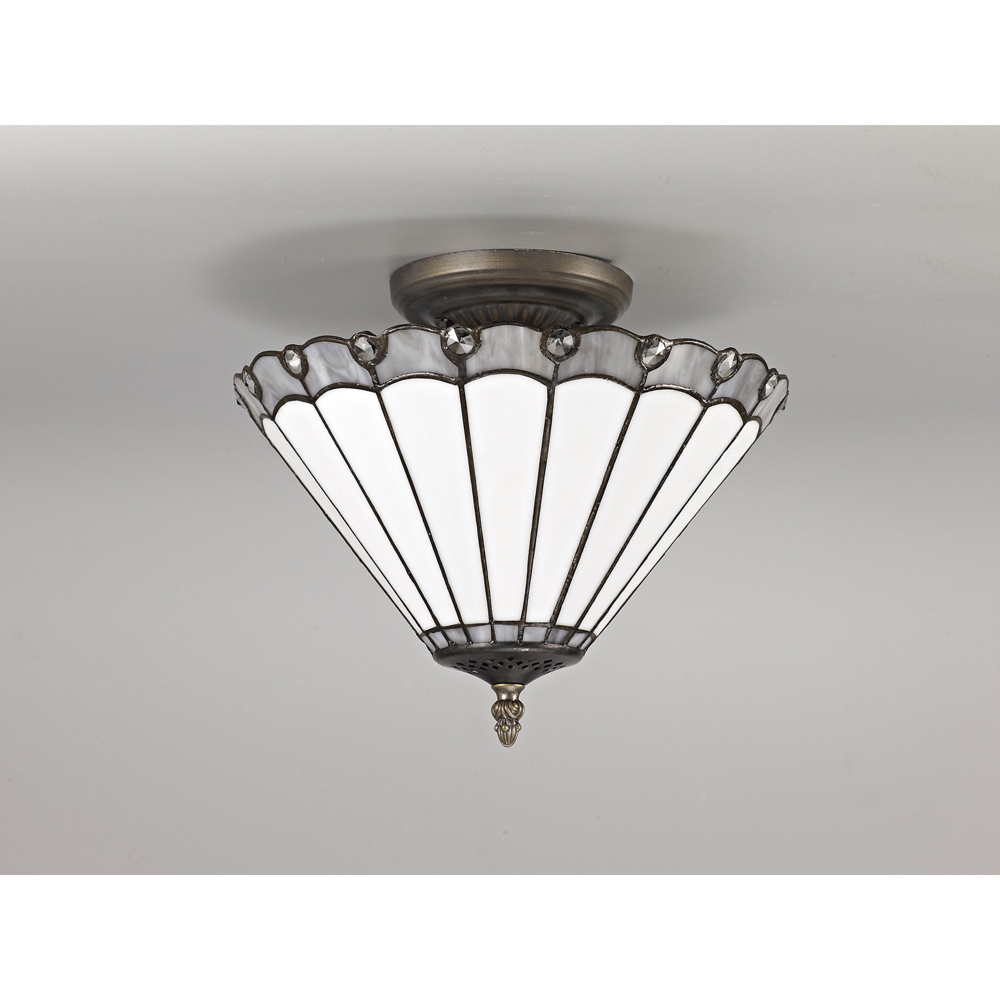 NLK03339 Umbrian 2 Light Semi Ceiling With 30cm Tiffany Shade Grey/Chrome/Crystal/Aged Antique Brass
