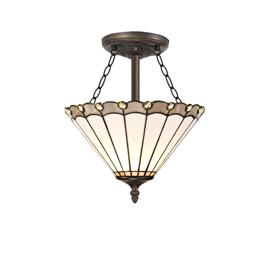 NLK03349 Umbrian 3 Light Semi Ceiling With 30cm Tiffany Shade Grey/Chrome/Crystal/Aged Antique Brass