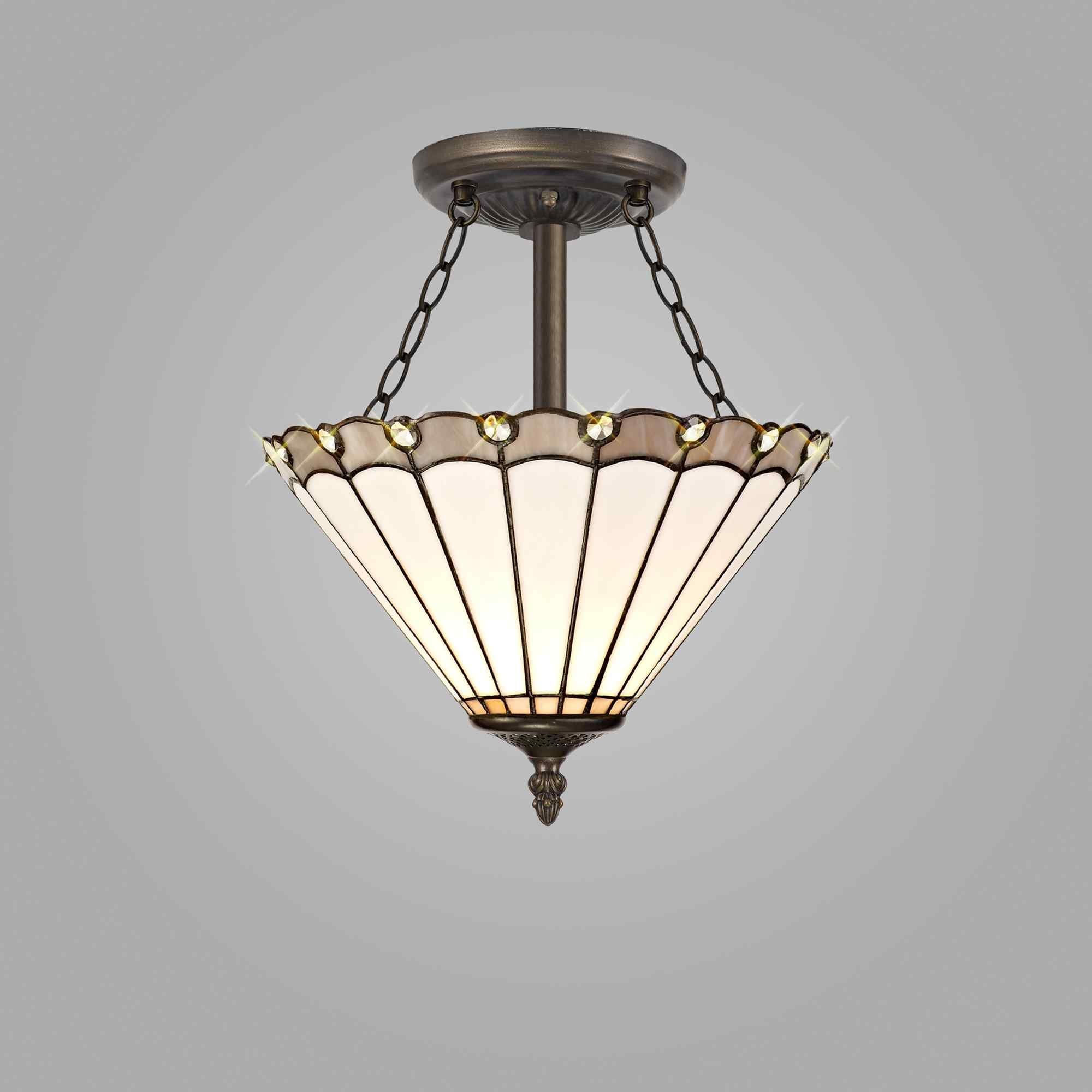 NLK03349 Umbrian 3 Light Semi Ceiling With 30cm Tiffany Shade Grey/Chrome/Crystal/Aged Antique Brass