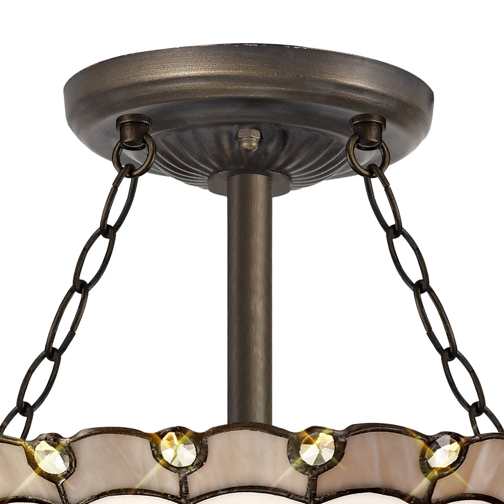 NLK03349 Umbrian 3 Light Semi Ceiling With 30cm Tiffany Shade Grey/Chrome/Crystal/Aged Antique Brass