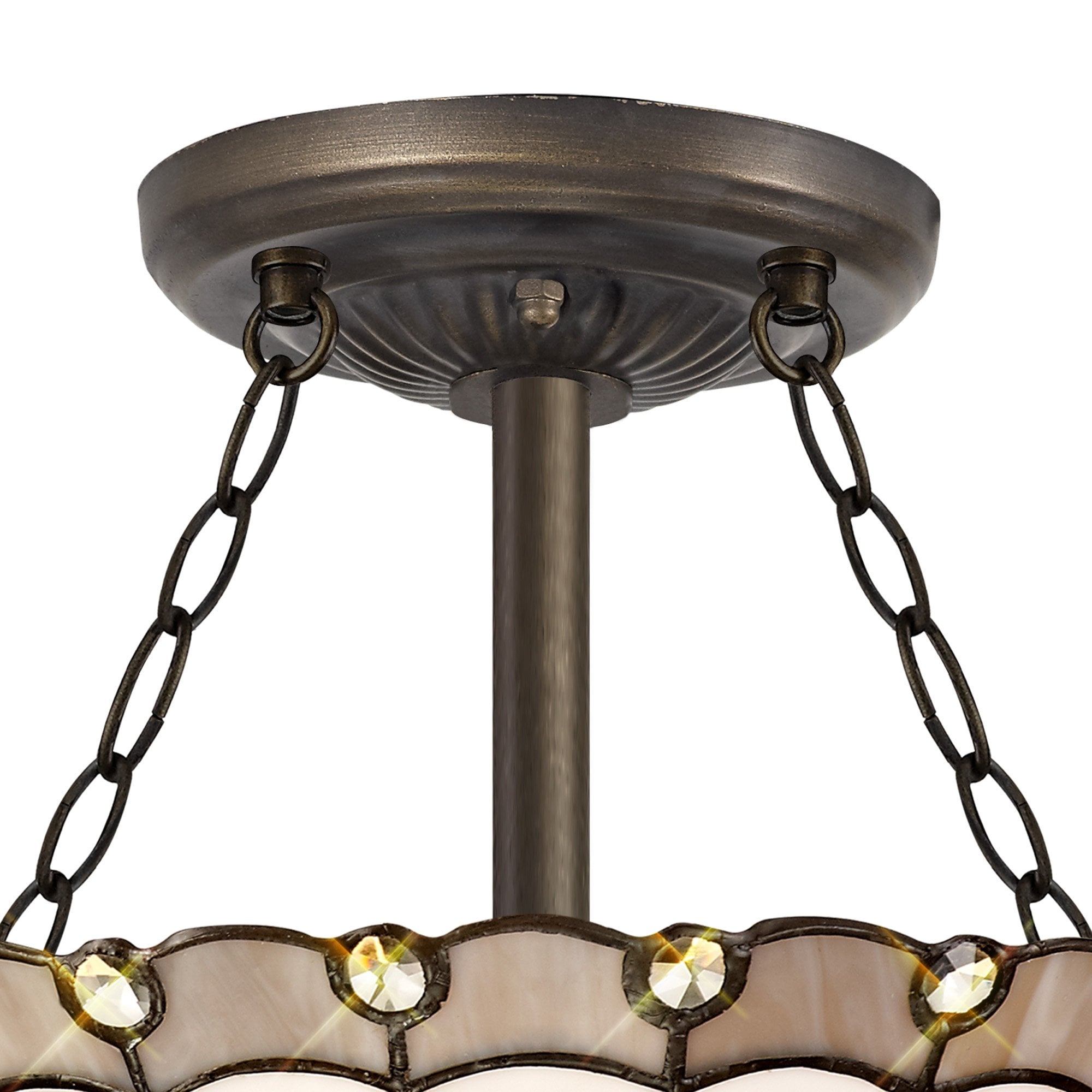 NLK03349 Umbrian 3 Light Semi Ceiling With 30cm Tiffany Shade Grey/Chrome/Crystal/Aged Antique Brass