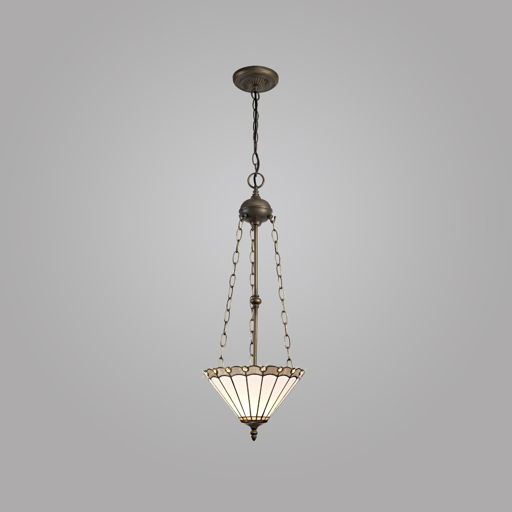 NLK03369 Umbrian 3 Light Up Lighter Pendant With 30cm Tiffany Shade Grey/Chrome/Crystal/Aged Antique Brass