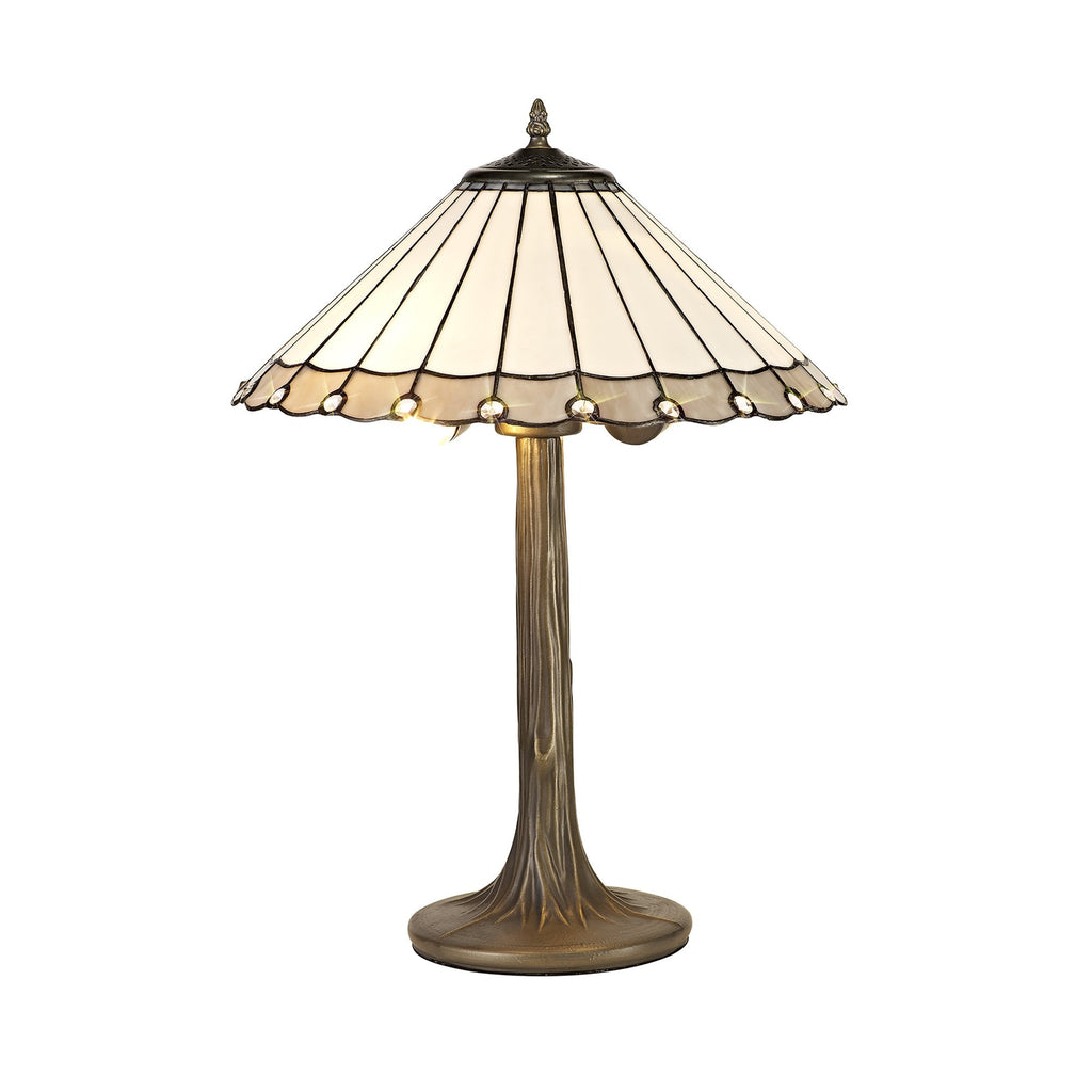 NLK03379 Umbrian 2 Light Tree Like Table Lamp With 40cm Tiffany Shade Grey/Chrome/Crystal/Aged Antique Brass