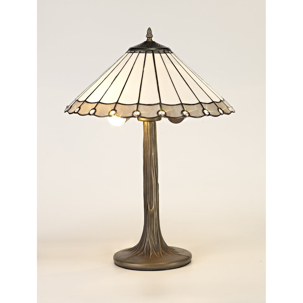 NLK03379 Umbrian 2 Light Tree Like Table Lamp With 40cm Tiffany Shade Grey/Chrome/Crystal/Aged Antique Brass