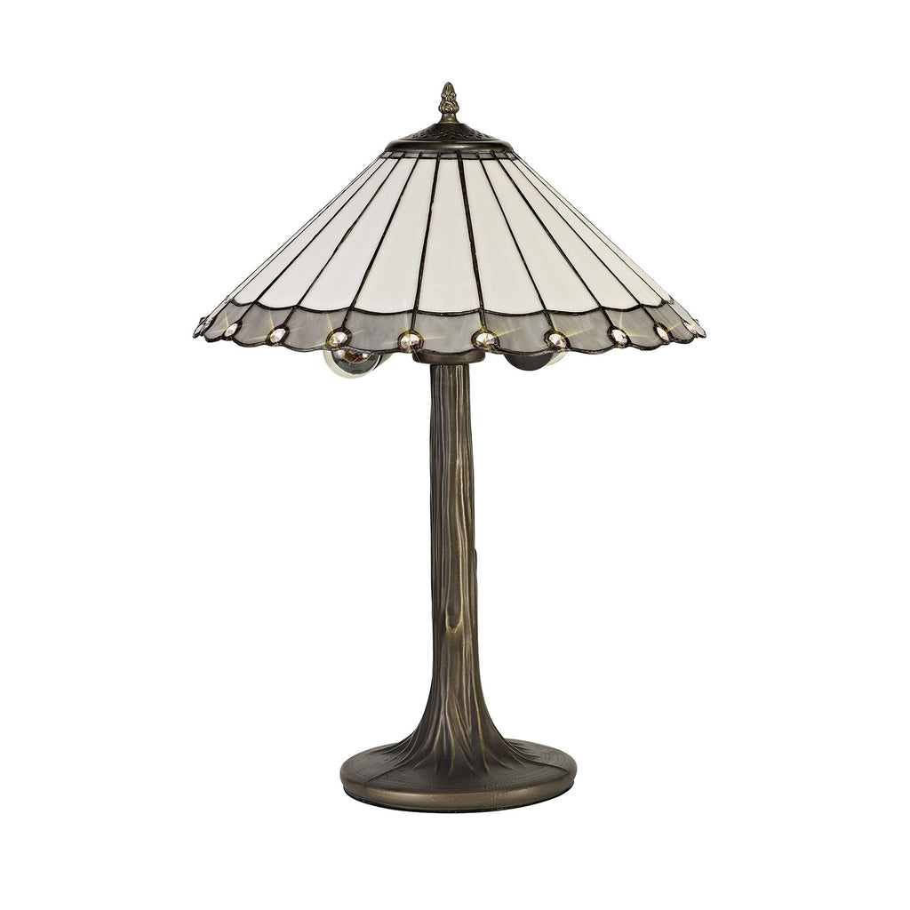 NLK03379 Umbrian 2 Light Tree Like Table Lamp With 40cm Tiffany Shade Grey/Chrome/Crystal/Aged Antique Brass