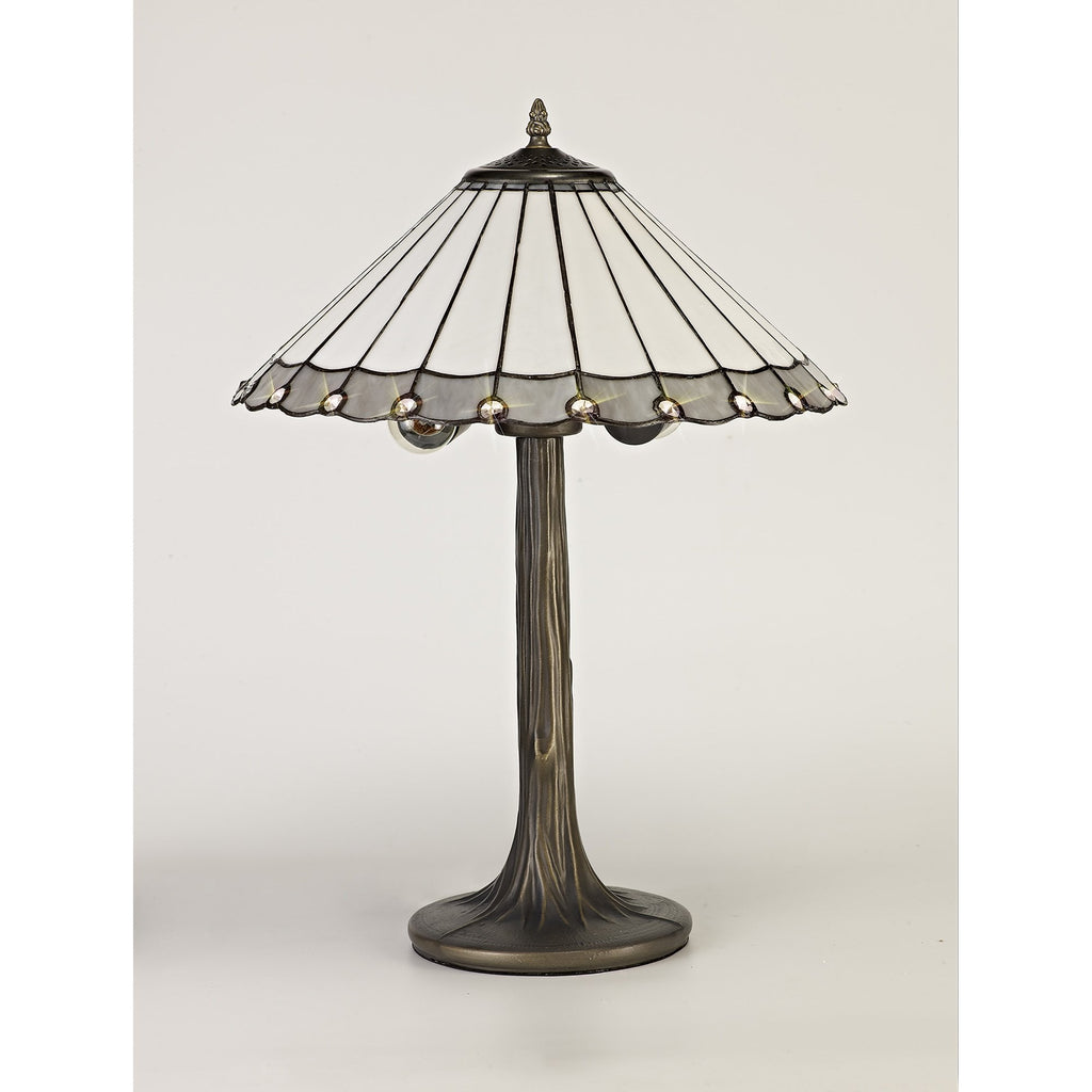 NLK03379 Umbrian 2 Light Tree Like Table Lamp With 40cm Tiffany Shade Grey/Chrome/Crystal/Aged Antique Brass