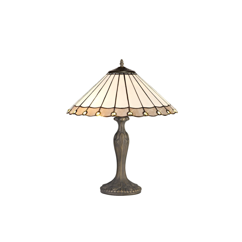 NLK03389 Umbrian 2 Light Curved Table Lamp With 40cm Tiffany Shade Grey/Chrome/Crystal/Aged Antique Brass
