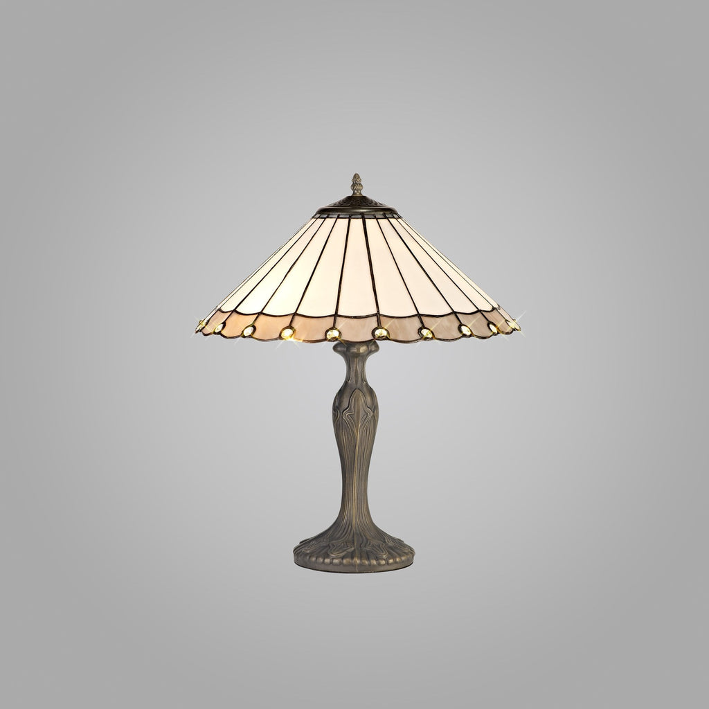 NLK03389 Umbrian 2 Light Curved Table Lamp With 40cm Tiffany Shade Grey/Chrome/Crystal/Aged Antique Brass