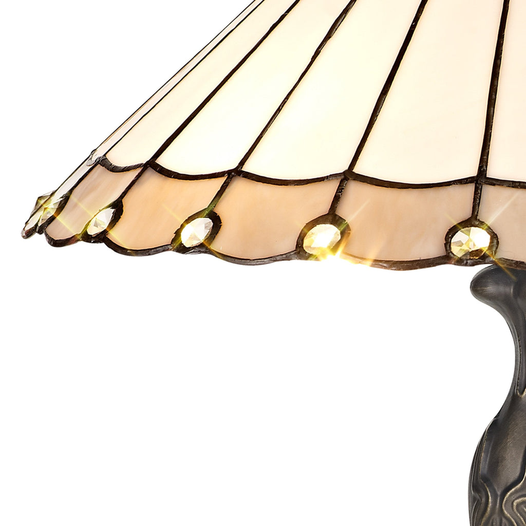 NLK03389 Umbrian 2 Light Curved Table Lamp With 40cm Tiffany Shade Grey/Chrome/Crystal/Aged Antique Brass