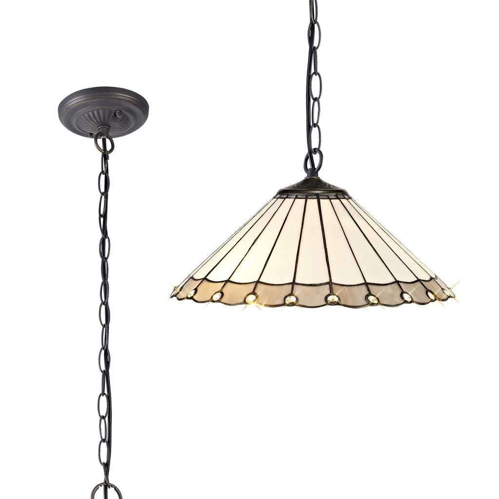 NLK03409 Umbrian 1 Light Down Lighter Pendant With 40cm Tiffany Shade Grey/Chrome/Crystal/Aged Antique Brass