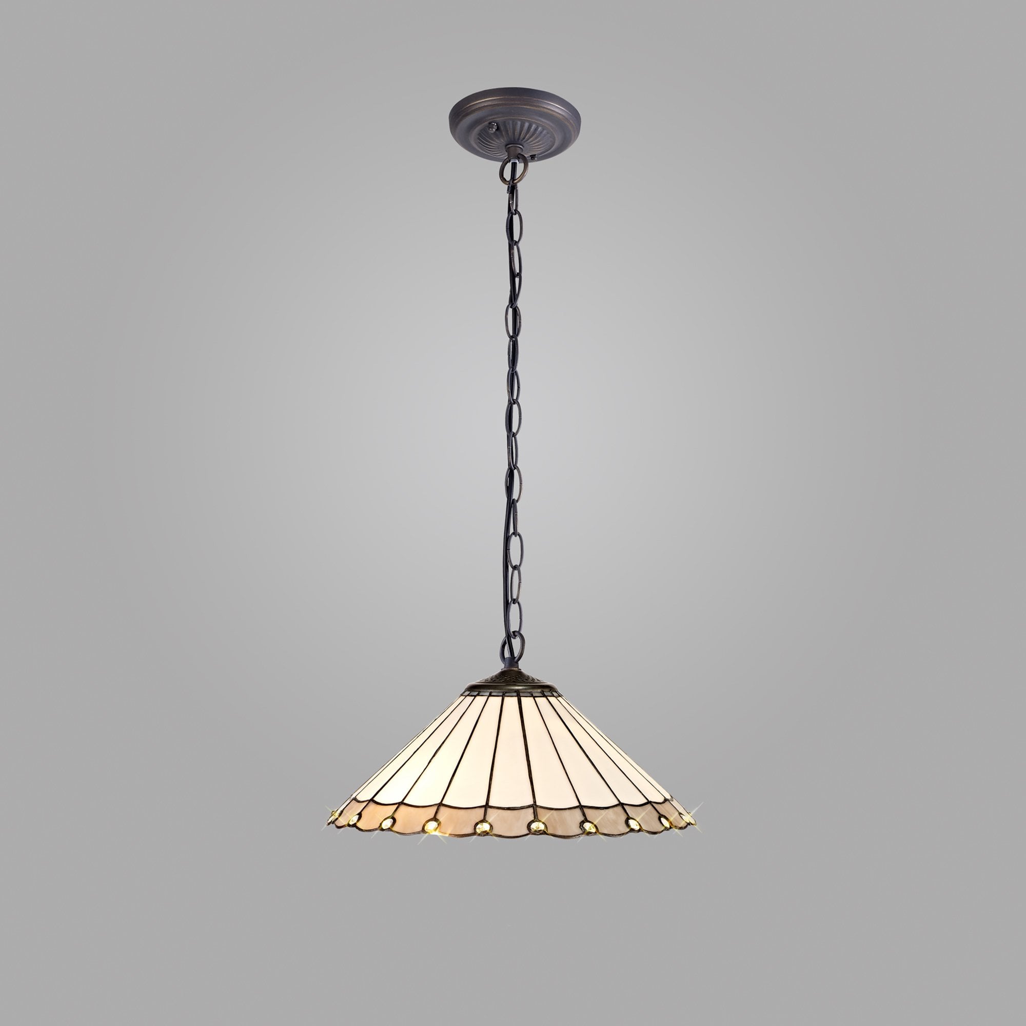 NLK03409 Umbrian 1 Light Down Lighter Pendant With 40cm Tiffany Shade Grey/Chrome/Crystal/Aged Antique Brass