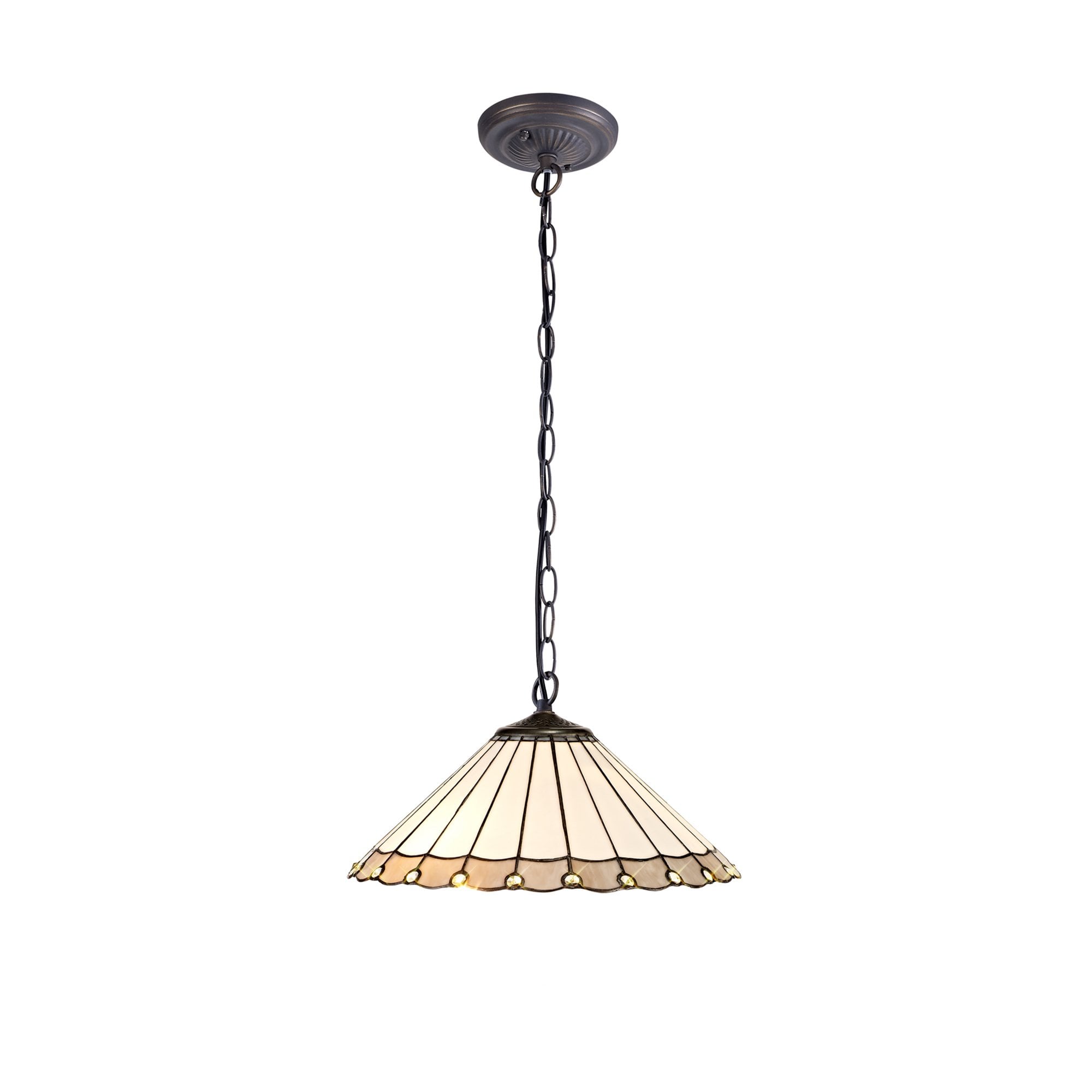 NLK03409 Umbrian 1 Light Down Lighter Pendant With 40cm Tiffany Shade Grey/Chrome/Crystal/Aged Antique Brass
