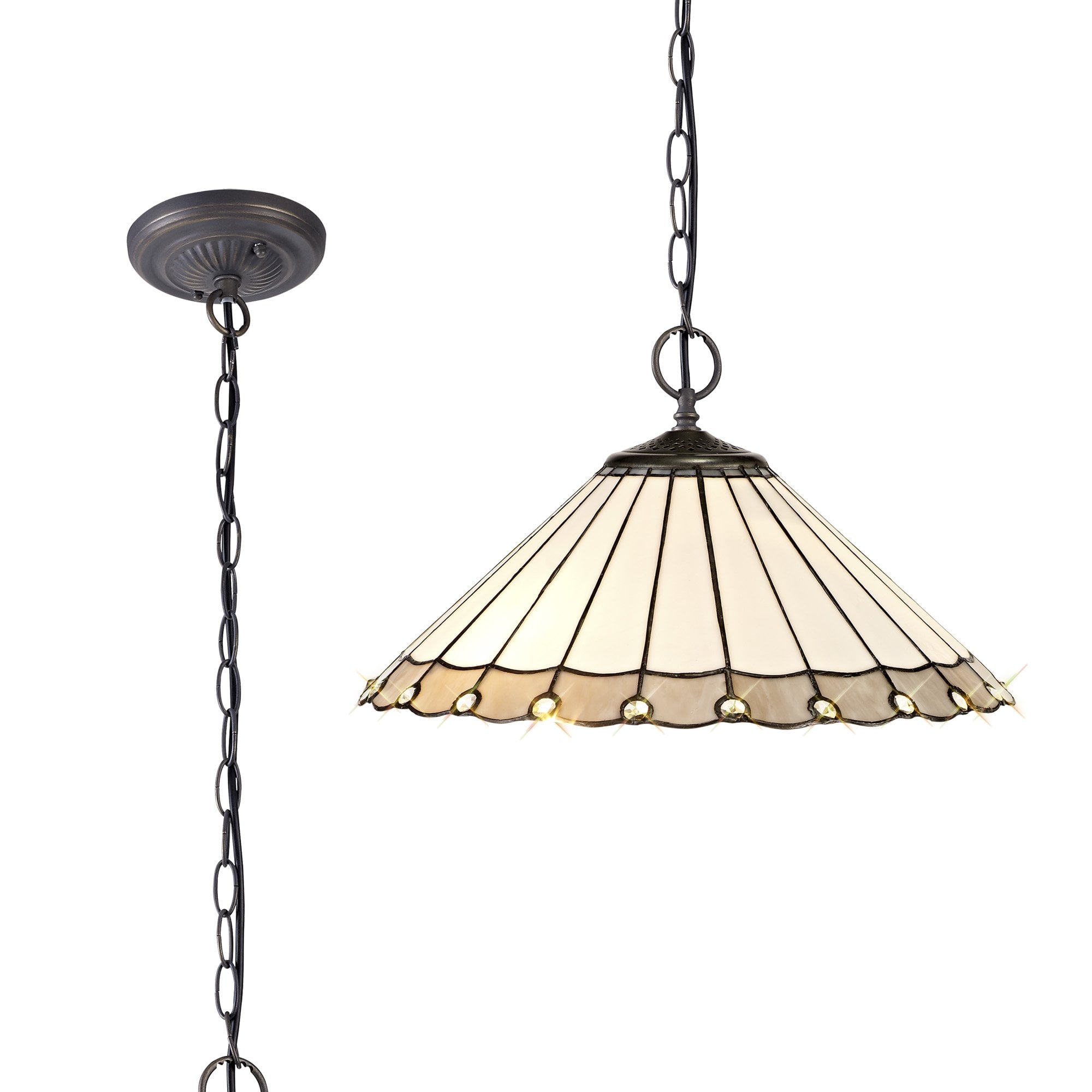 NLK03419 Umbrian 2 Light Down Lighter Pendant With 40cm Tiffany Shade Grey/Chrome/Crystal/Aged Antique Brass
