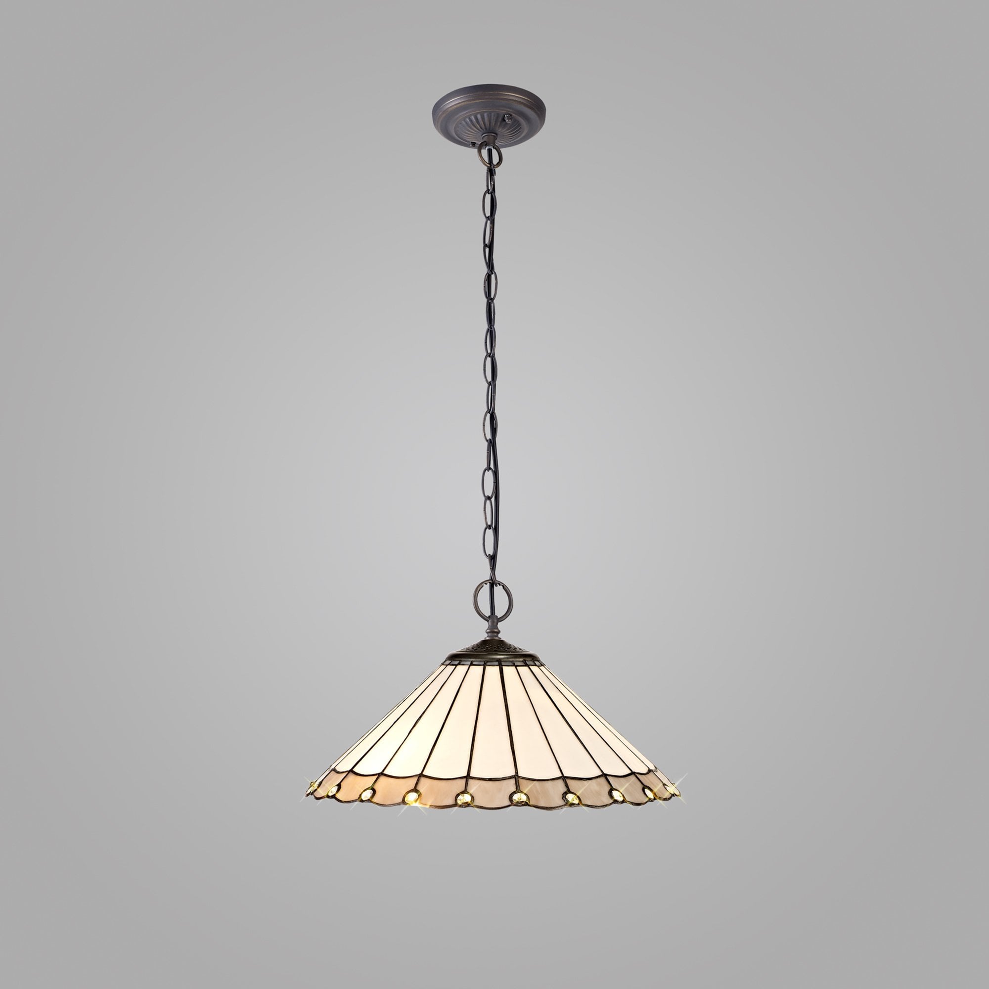 NLK03419 Umbrian 2 Light Down Lighter Pendant With 40cm Tiffany Shade Grey/Chrome/Crystal/Aged Antique Brass