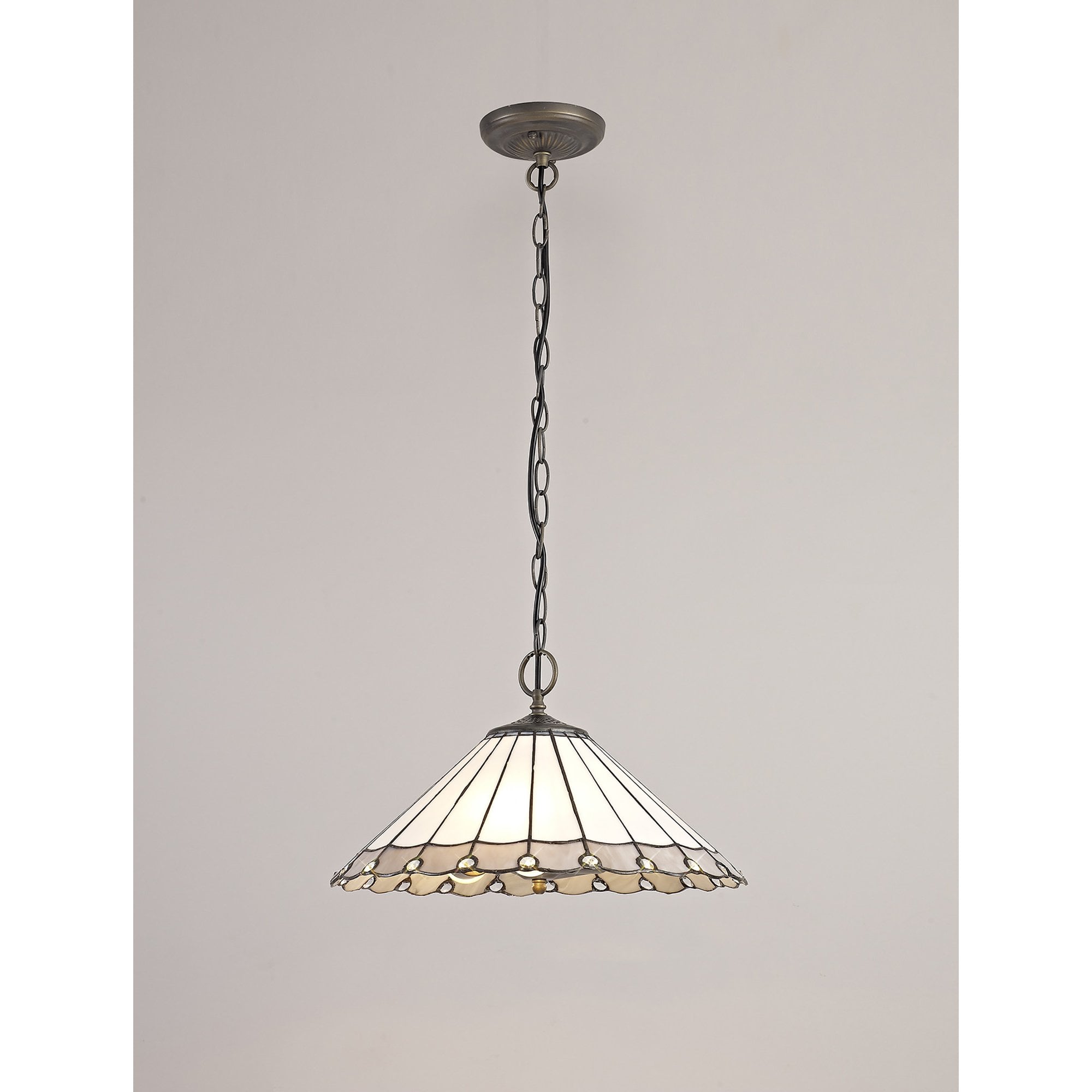 NLK03429 Umbrian 3 Light Down Lighter Pendant With 40cm Tiffany Shade Grey/Chrome/Crystal/Aged Antique Brass
