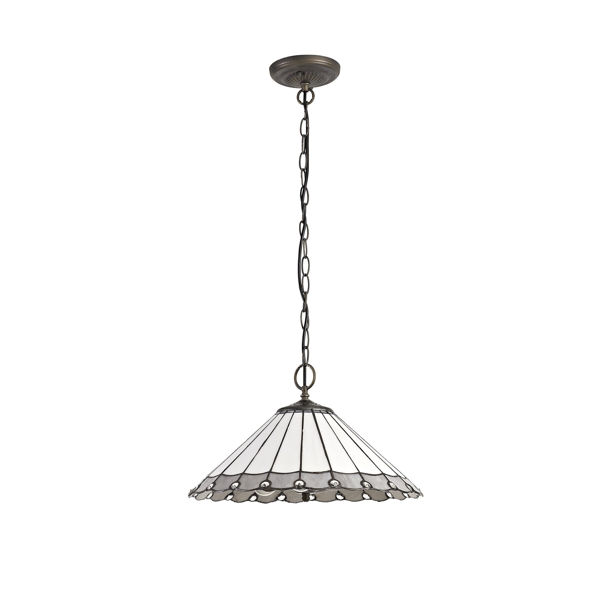 NLK03429 Umbrian 3 Light Down Lighter Pendant With 40cm Tiffany Shade Grey/Chrome/Crystal/Aged Antique Brass