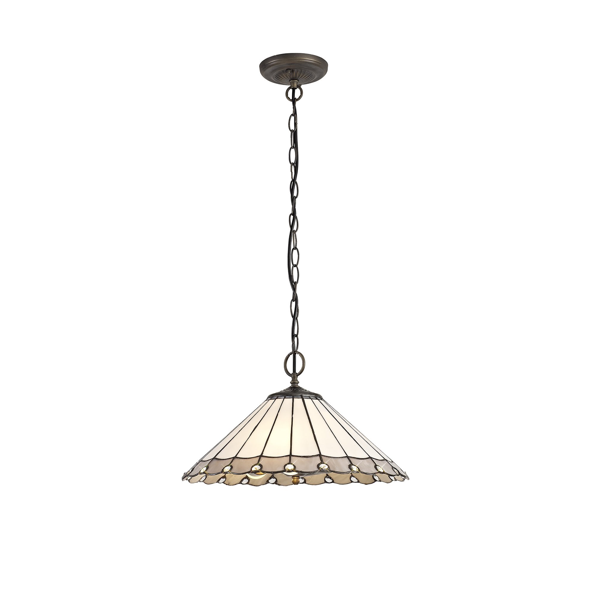 NLK03429 Umbrian 3 Light Down Lighter Pendant With 40cm Tiffany Shade Grey/Chrome/Crystal/Aged Antique Brass