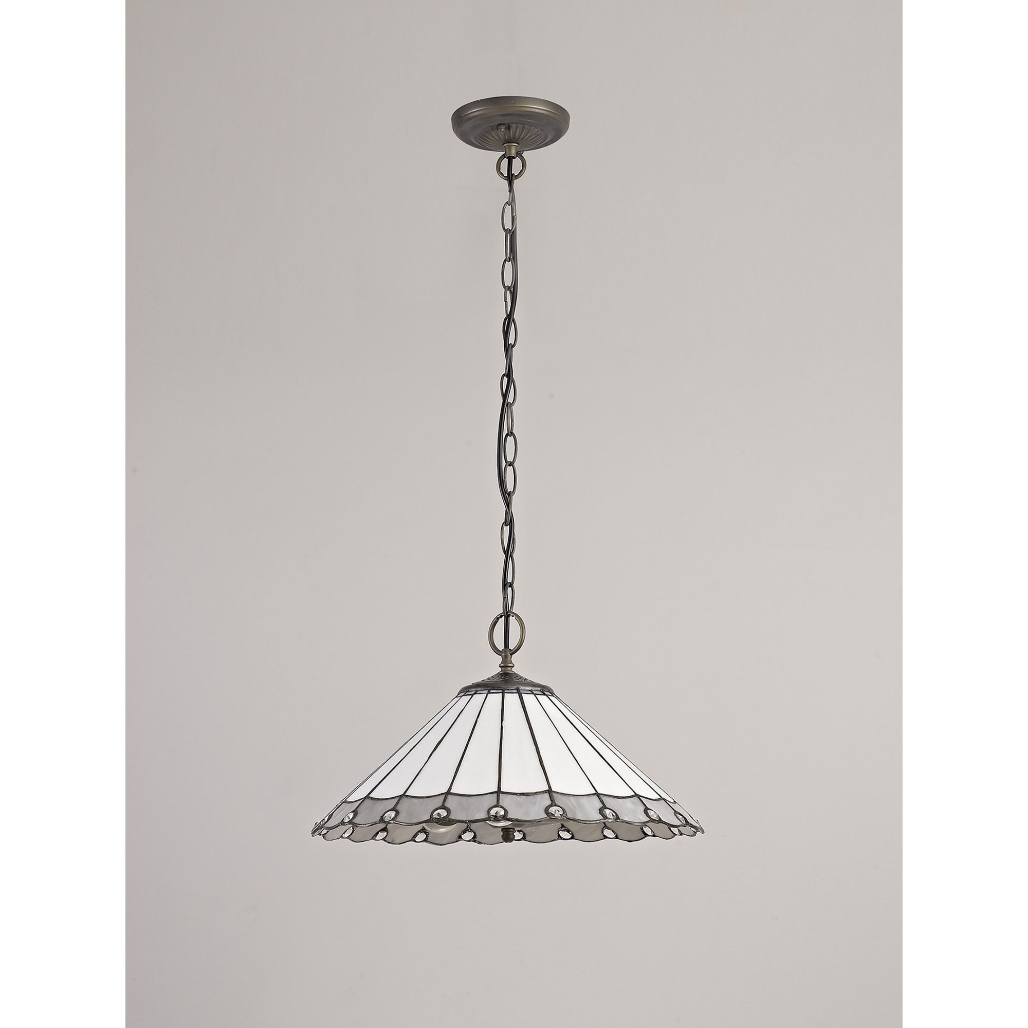 NLK03429 Umbrian 3 Light Down Lighter Pendant With 40cm Tiffany Shade Grey/Chrome/Crystal/Aged Antique Brass