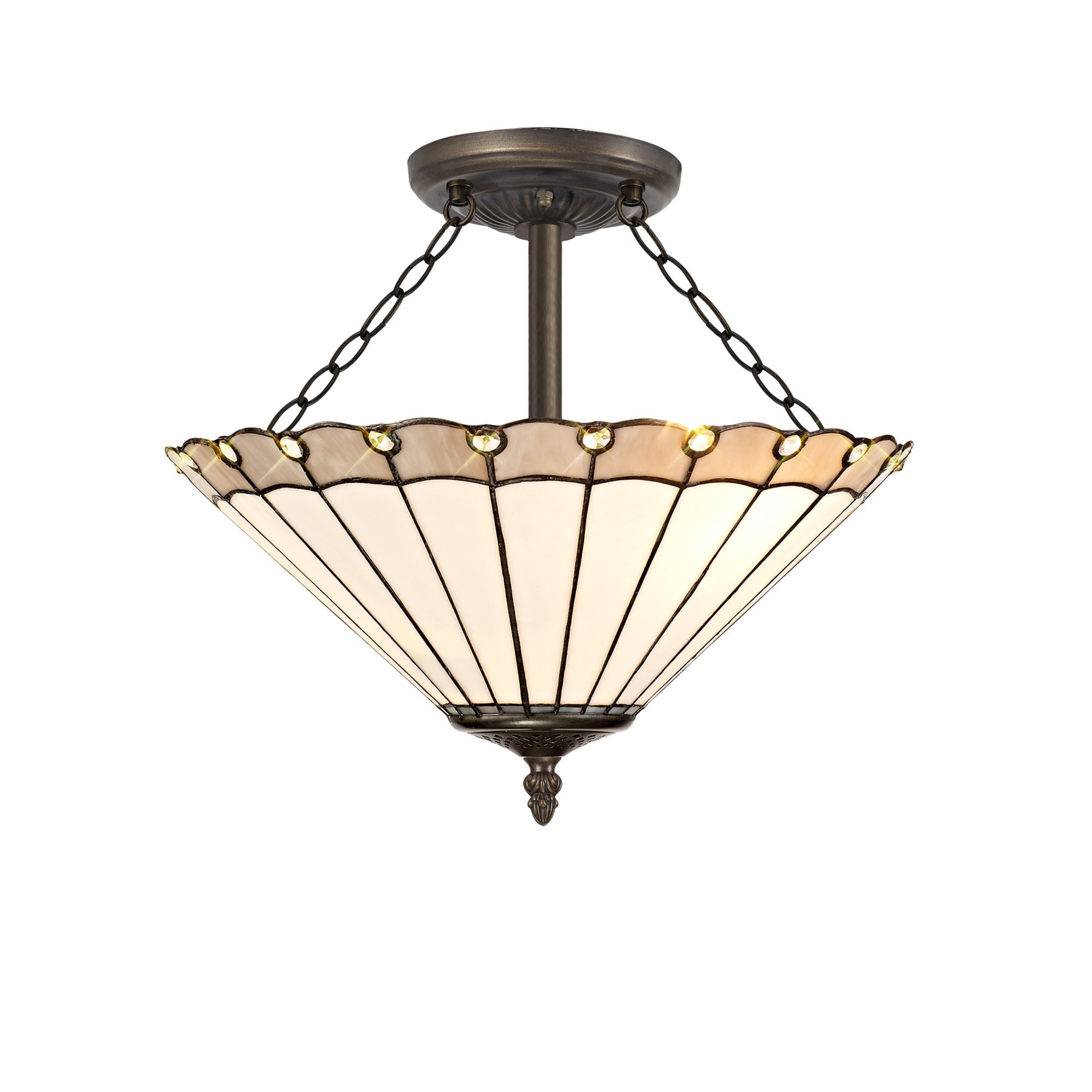 NLK03439 Umbrian 3 Light Semi Ceiling With 40cm Tiffany Shade Grey/Chrome/Crystal/Aged Antique Brass