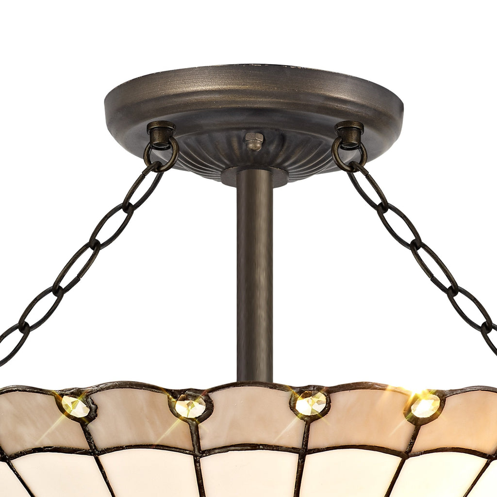 NLK03439 Umbrian 3 Light Semi Ceiling With 40cm Tiffany Shade Grey/Chrome/Crystal/Aged Antique Brass